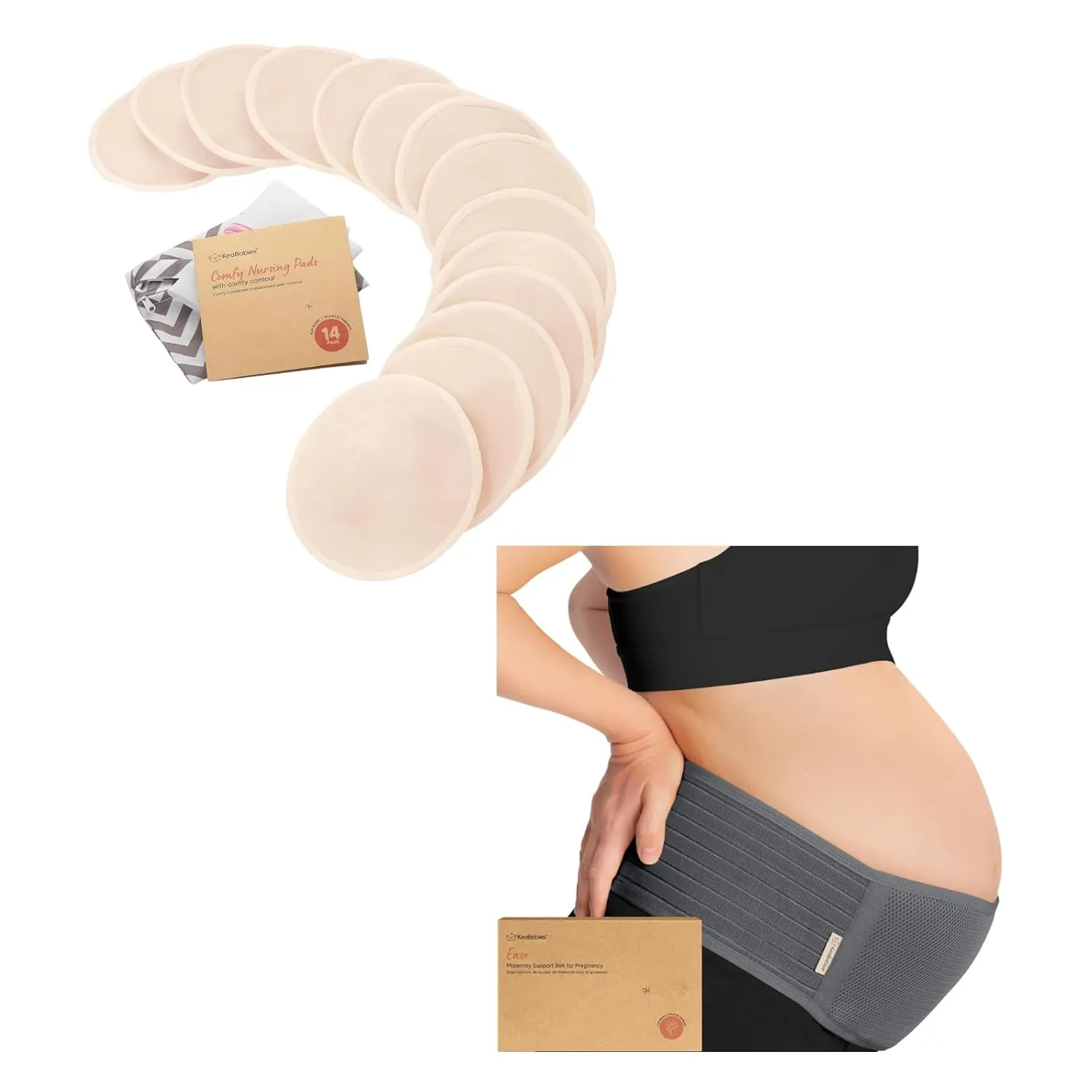 KeaBabies Nursing Breast Pads and Pregnancy Belly Support Band - 14 Washable Pads   Wash Bag - Belly Bands for Pregnant Women - Breastfeeding Nipple Pad for Maternity