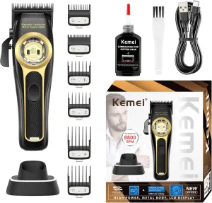 KEMEI 2373 Professional Hair Clippers for Men, Cordless Barber Clipper with 8800 RPM Magnetic Levitation Motor, Adjustable Hair Cutting Kit with Charging Base
