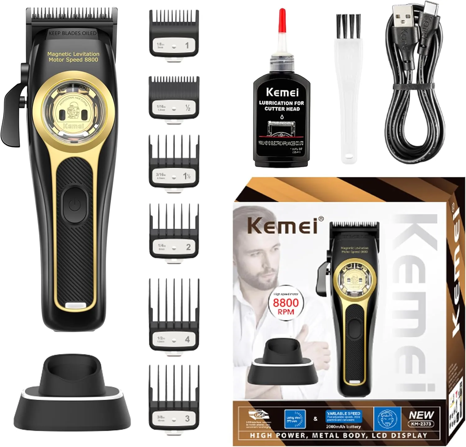 KEMEI 2373 Professional Hair Clippers for Men, Cordless Barber Clipper with 8800 RPM Magnetic Levitation Motor, Adjustable Hair Cutting Kit with Charging Base