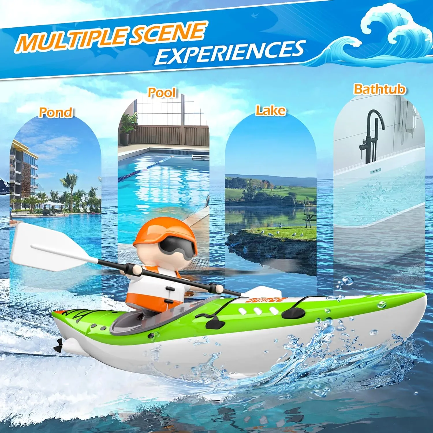 Kids RC Kayak Boat Toy,2.4 Ghz Remote Control Paddle Boat Toys,Toddler Water Racing Boat W/Light for Pools,Lake,Bathtub Summer Outdoor Water Toys Gift for Ages 6-12 Boys Girls