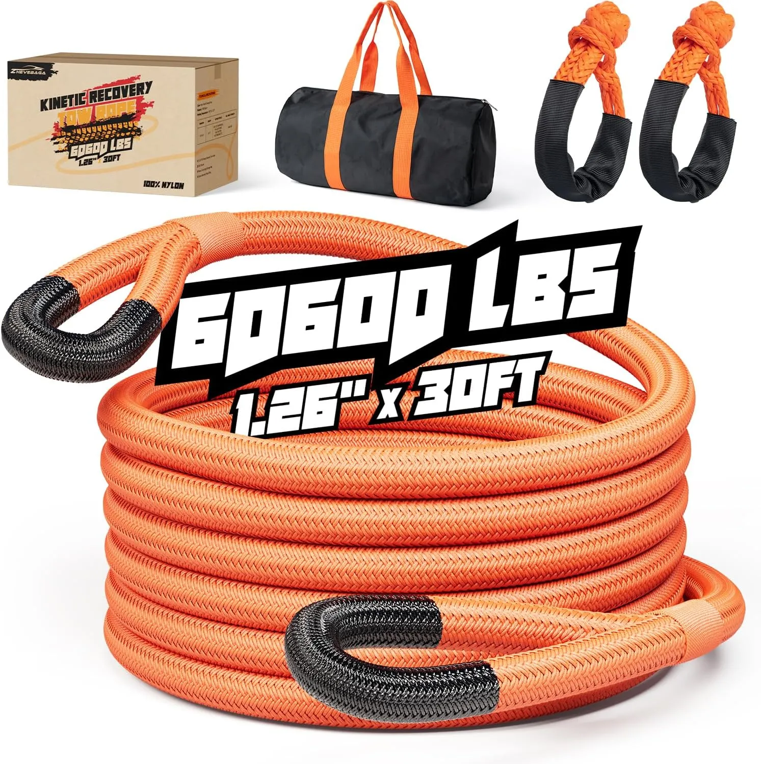 Kinetic Recovery Rope,1.26" x30ft Heavy Duty Offroad Tow Rope/60600 lbs Snatch Strap with Soft Shackles, 100% Nylon Offroad Towing Straps Kit for Truck ATV UTV SUV Jeep Car Tractor - Orange