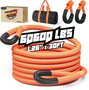 Kinetic Recovery Rope,1.26" x30ft Heavy Duty Offroad Tow Rope/60600 lbs Snatch Strap with Soft Shackles, 100% Nylon Offroad Towing Straps Kit for Truck ATV UTV SUV Jeep Car Tractor - Orange