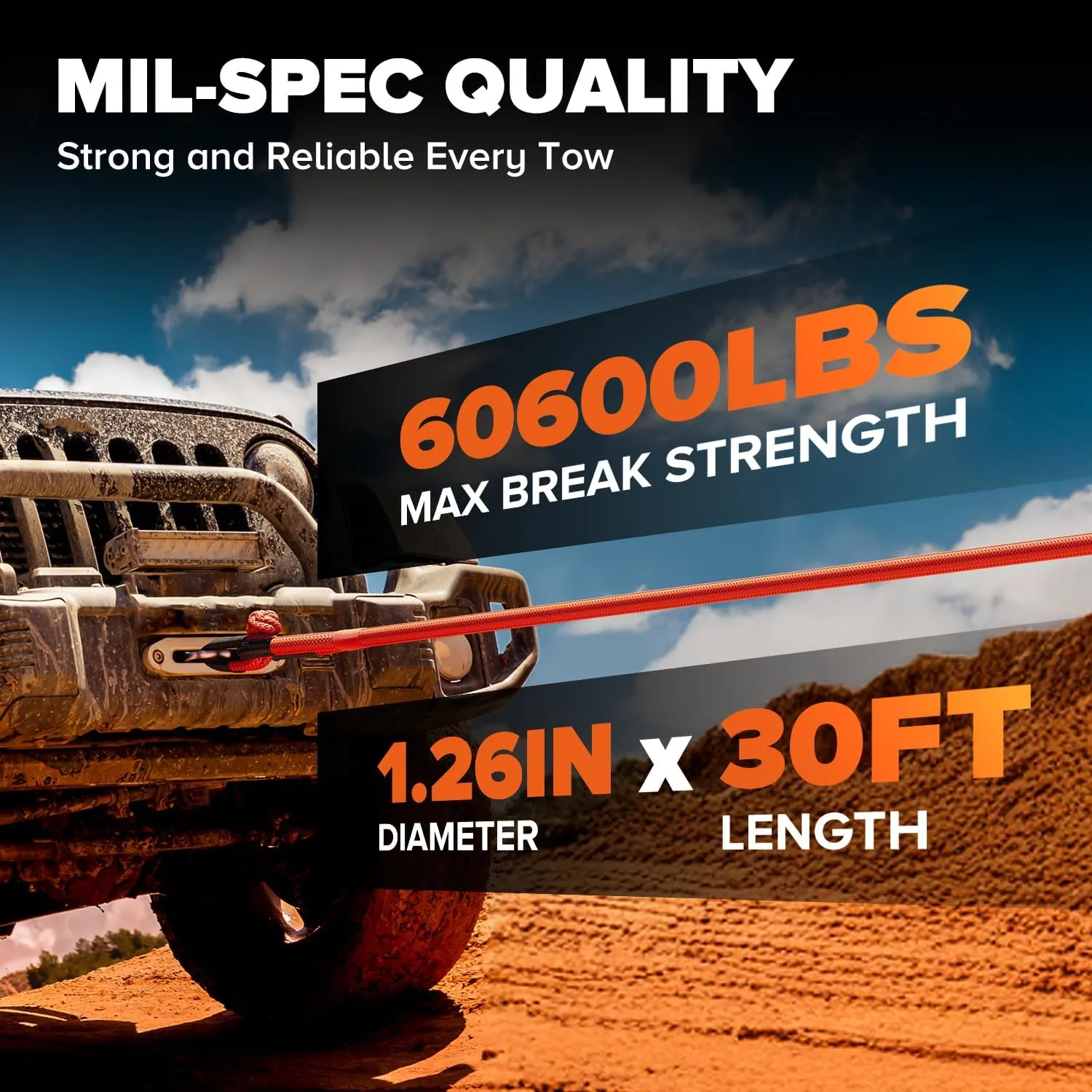 Kinetic Recovery Rope,1.26" x30ft Heavy Duty Offroad Tow Rope/60600 lbs Snatch Strap with Soft Shackles, 100% Nylon Offroad Towing Straps Kit for Truck ATV UTV SUV Jeep Car Tractor - Orange