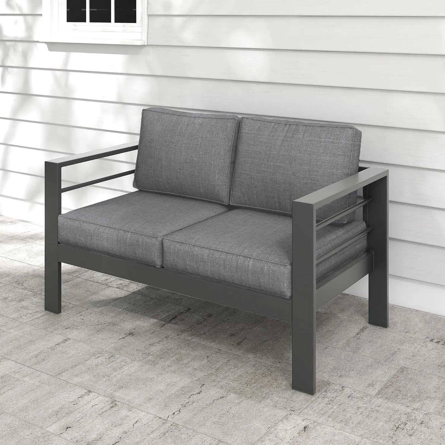 Kiss the Water Outdoor Patio Furniture Loveseat Sofa, All-Weather Metal Aluminum Patio Couch with 5" Thick and Soft Cushion and Wide Arm, Outdoor Couch for Balcony, Porch, Backyard