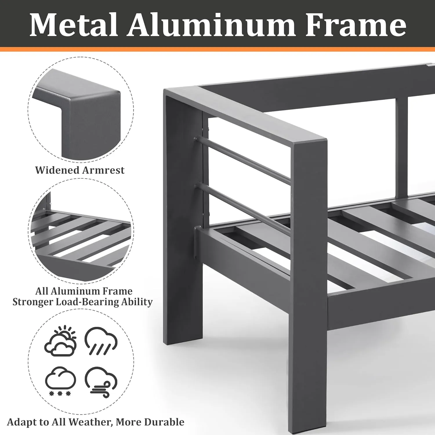 Kiss the Water Outdoor Patio Furniture Loveseat Sofa, All-Weather Metal Aluminum Patio Couch with 5" Thick and Soft Cushion and Wide Arm, Outdoor Couch for Balcony, Porch, Backyard