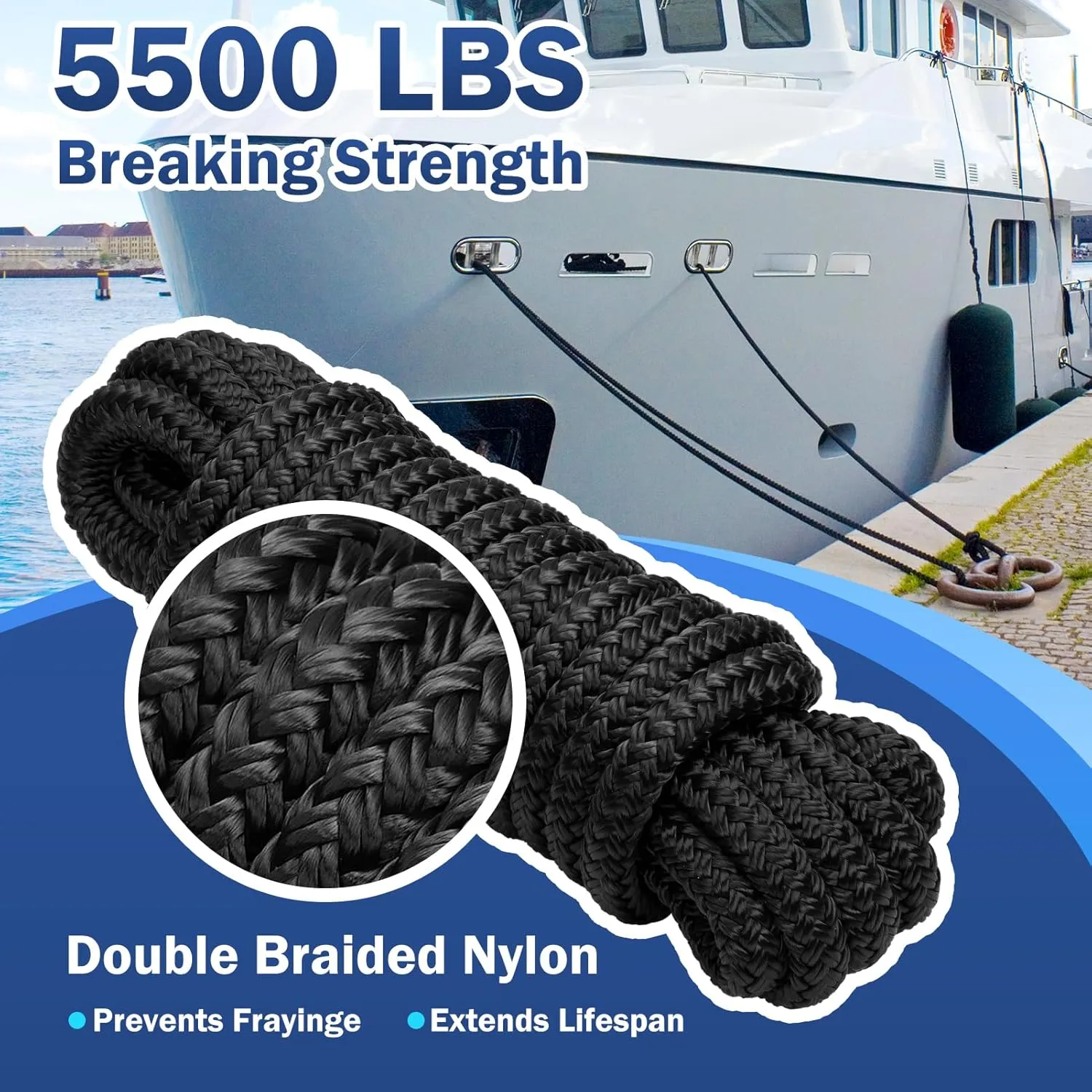 Kohree 3/8" x 20' Boat Dock Lines, Pre-Spliped 12" Eyelet Fender Lines, Heavy-Duty Double Braided Nylon Marine Ropes for Mooring, Docking Yacht Pontoon Accessories, 4 Pack, Black