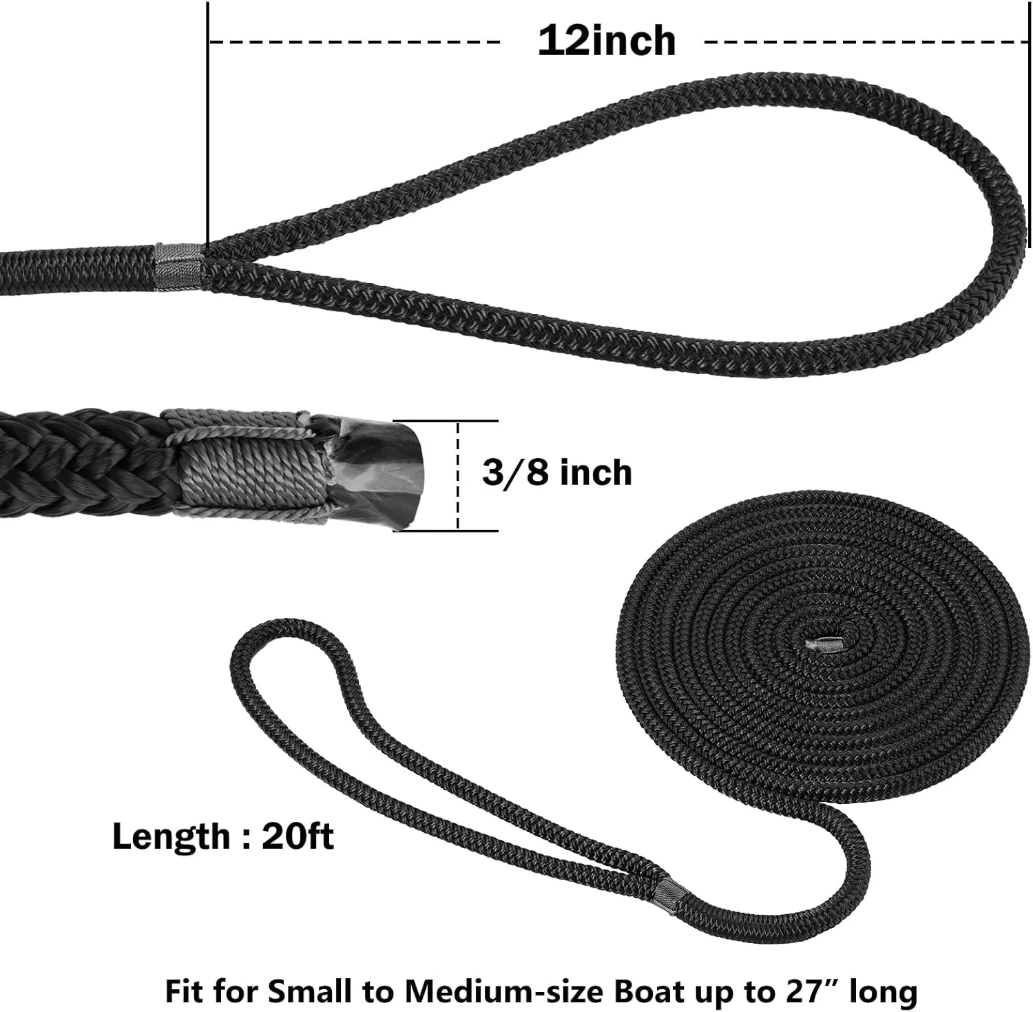 Kohree 3/8" x 20' Boat Dock Lines, Pre-Spliped 12" Eyelet Fender Lines, Heavy-Duty Double Braided Nylon Marine Ropes for Mooring, Docking Yacht Pontoon Accessories, 4 Pack, Black