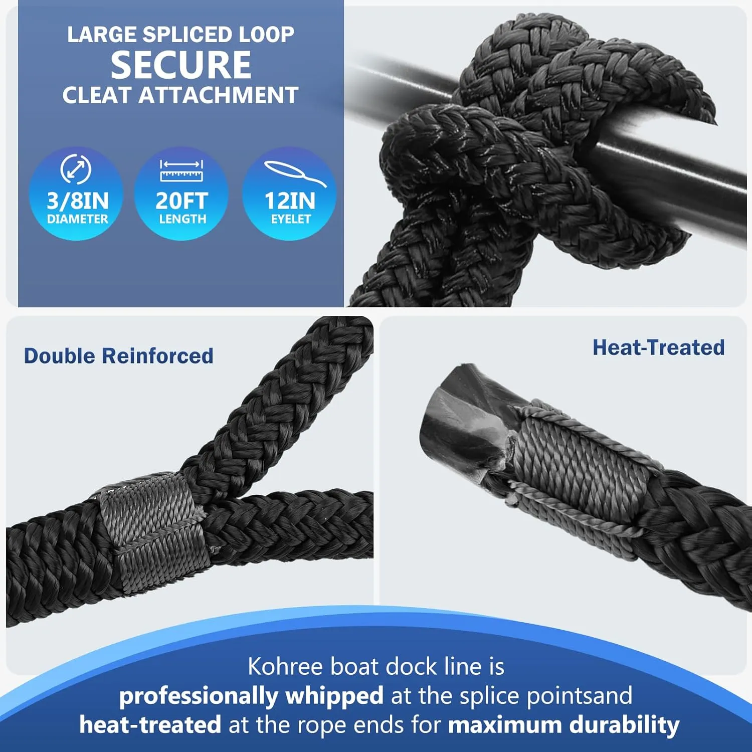 Kohree 3/8" x 20' Boat Dock Lines, Pre-Spliped 12" Eyelet Fender Lines, Heavy-Duty Double Braided Nylon Marine Ropes for Mooring, Docking Yacht Pontoon Accessories, 4 Pack, Black