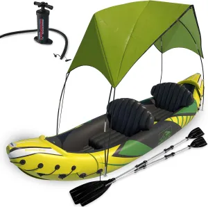 KP Inflatable Kayak 2 Person with Sun Canopy (Detachable)   Kayaks for Adults   Waterproof Phone Bags   Adjustable Seats   3rd Seat for Dog/Child   Backrests & More
