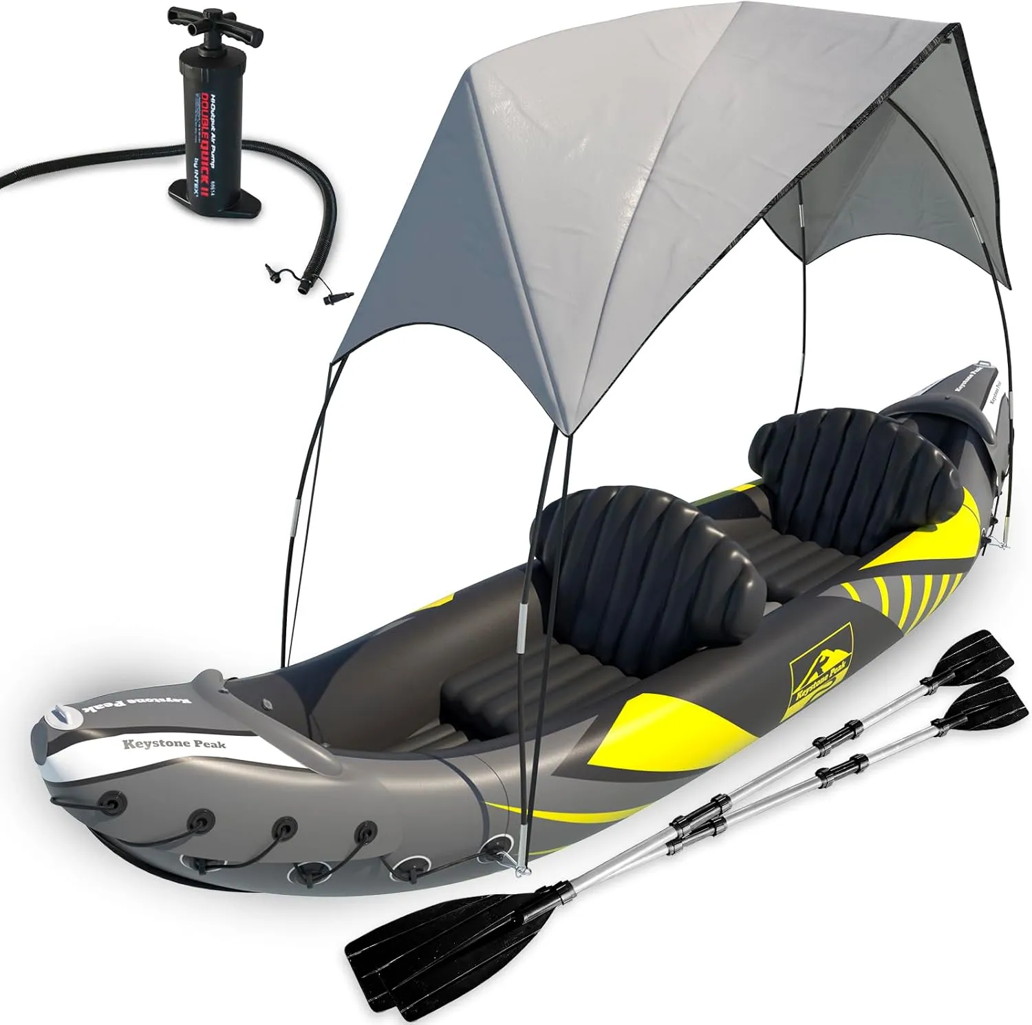 KP Inflatable Kayak 2 Person with Sun Canopy (Detachable)   Kayaks for Adults   Waterproof Phone Bags   Adjustable Seats   3rd Seat for Dog/Child   Backrests & More