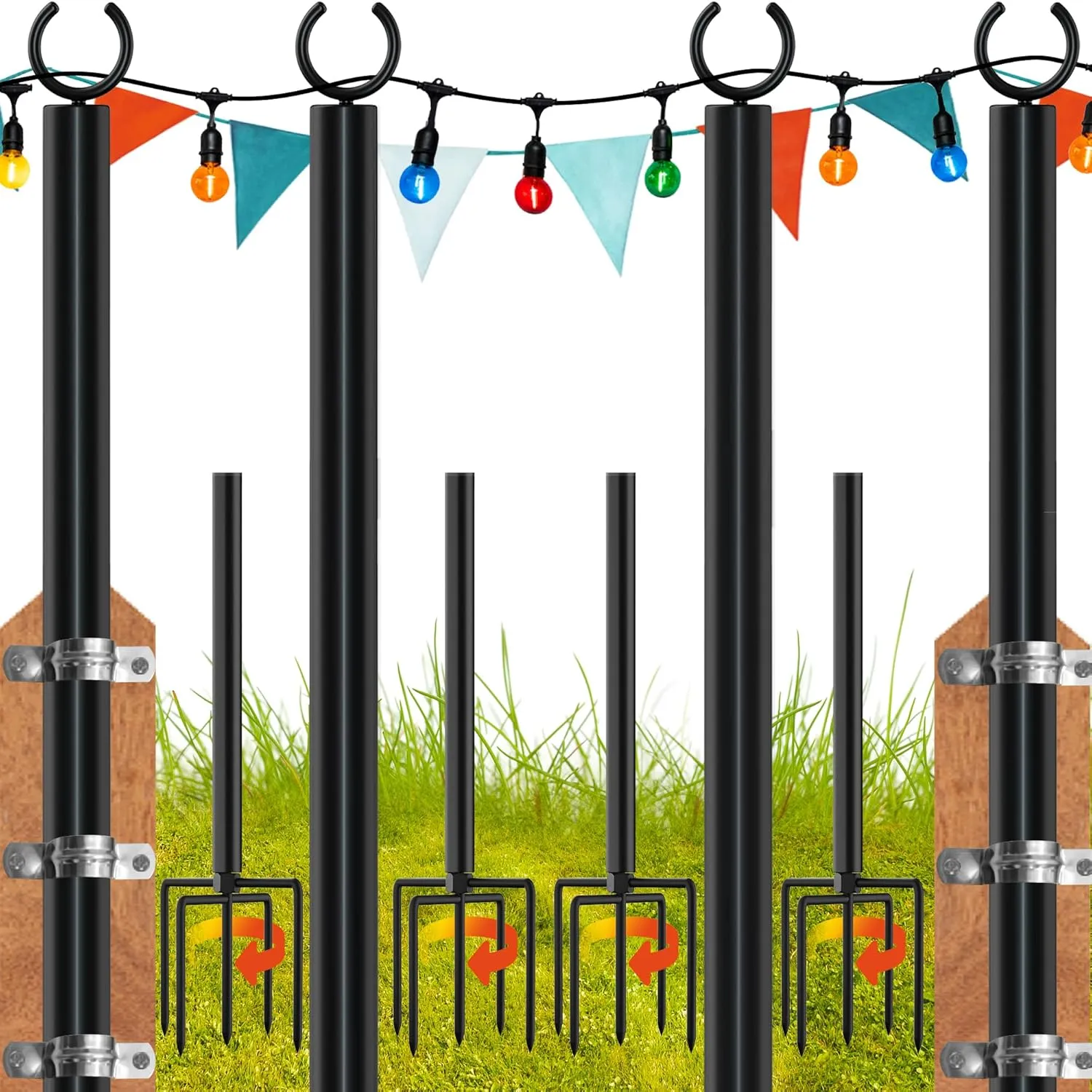 LAND·VOI 4 Pack String Light Poles, 9FT Heavy Duty Metal Light Poles for Outside String Lights, Outdoor light poles with 5 Prong Fork, Light Pole Stand for Patio, Backyard, Garden, Deck, Black FLP14B