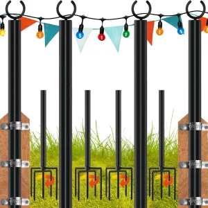 LAND·VOI 4 Pack String Light Poles, 9FT Heavy Duty Metal Light Poles for Outside String Lights, Outdoor light poles with 5 Prong Fork, Light Pole Stand for Patio, Backyard, Garden, Deck, Black FLP14B