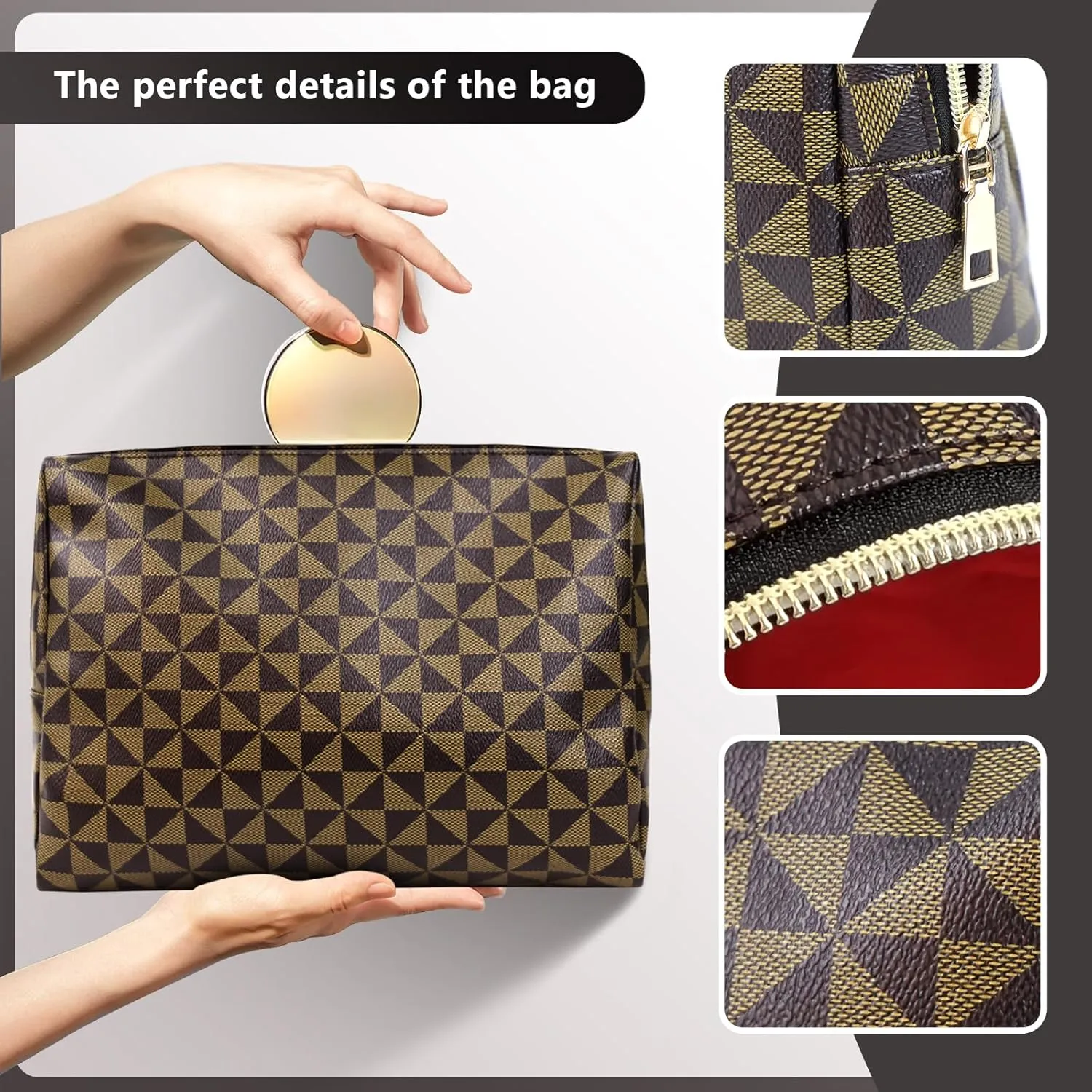 Large Checkered Makeup Bag - Retro Leather Cosmetic Pouch for Women - Waterproof Toiletry Travel Bag - Great Gift for Girlfriend, Wife, or Mother