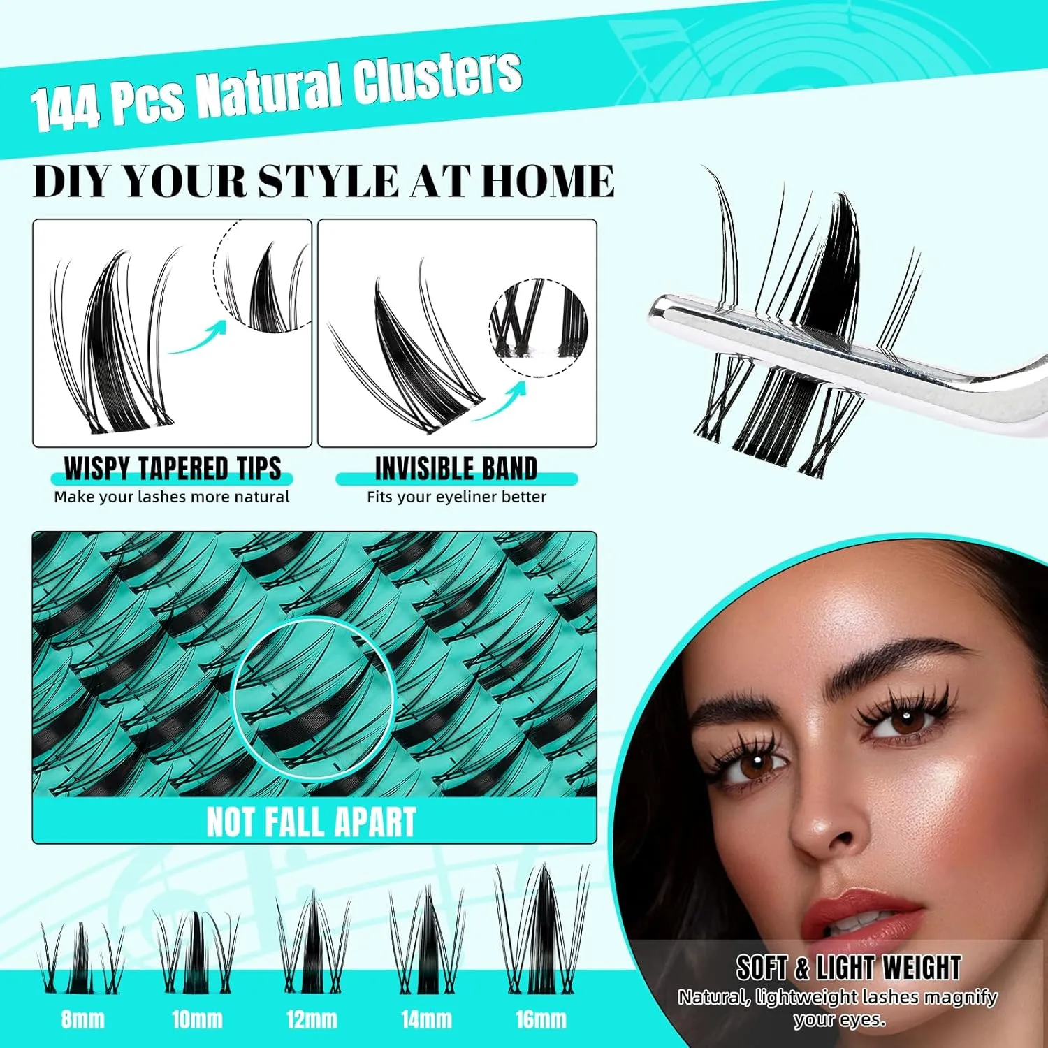 Lash Clusters Kit 144pcs, Manga Eyelash Extension Kit Ultra-Thin Invisible Lash Band, Waterproof Lash Bond and Seal Lash Remover Applicator Tools for Beginner Self Use(Maple Leaf,C-Mix8-16mm kit)