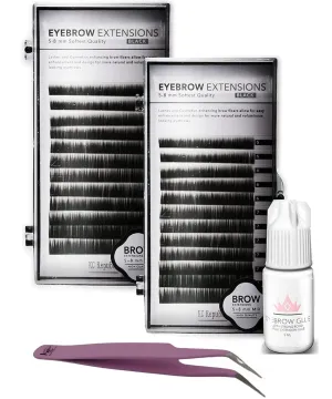 Lash Eyebrow Extensions Kit with 2 Trays of Mink False Eyebrows in Black, Eyebrow Extension Glue Clear & Extension Tweezers, Comes on Mixed Length 5-8 mm Mix (Black 2-Pack, Violet Tweezer)