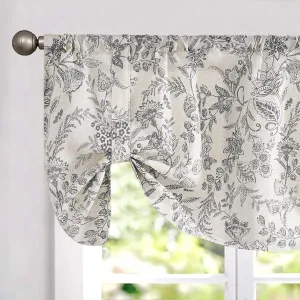 Lazzzy Blue Floral Tie Up Valance Curtain Linen Farmhouse Valance for Kitchen Living Room Bathroom Bedroom Country Valances Window Treatments Small Curtian 20 Inch Rod Pocket 1 Panel,Black on Beige