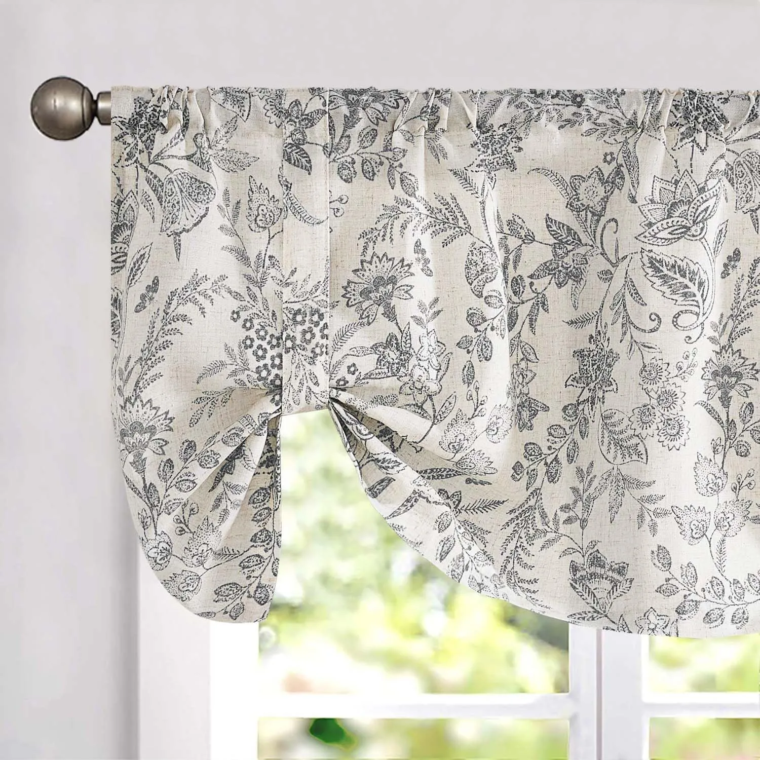 Lazzzy Blue Floral Tie Up Valance Curtain Linen Farmhouse Valance for Kitchen Living Room Bathroom Bedroom Country Valances Window Treatments Small Curtian 20 Inch Rod Pocket 1 Panel,Black on Beige