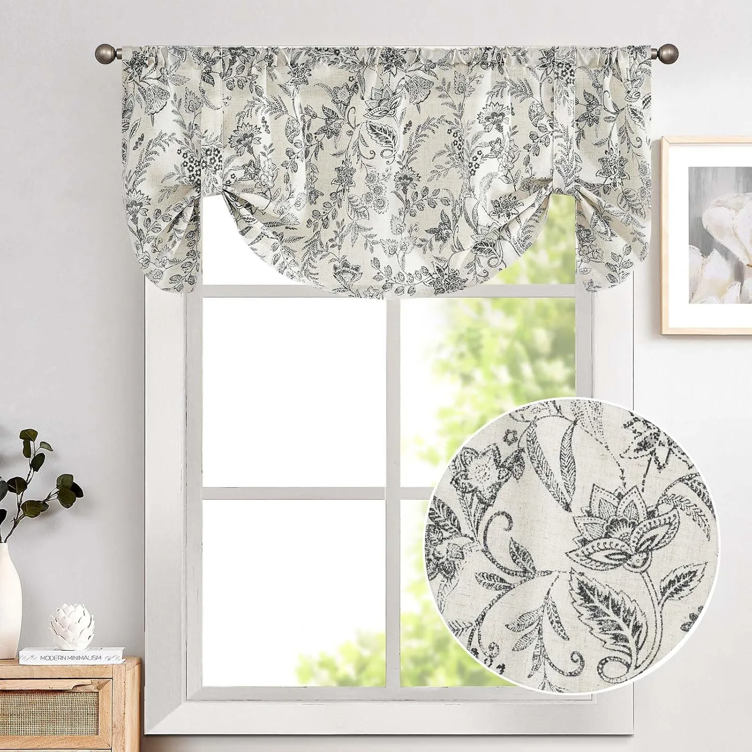 Lazzzy Blue Floral Tie Up Valance Curtain Linen Farmhouse Valance for Kitchen Living Room Bathroom Bedroom Country Valances Window Treatments Small Curtian 20 Inch Rod Pocket 1 Panel,Black on Beige