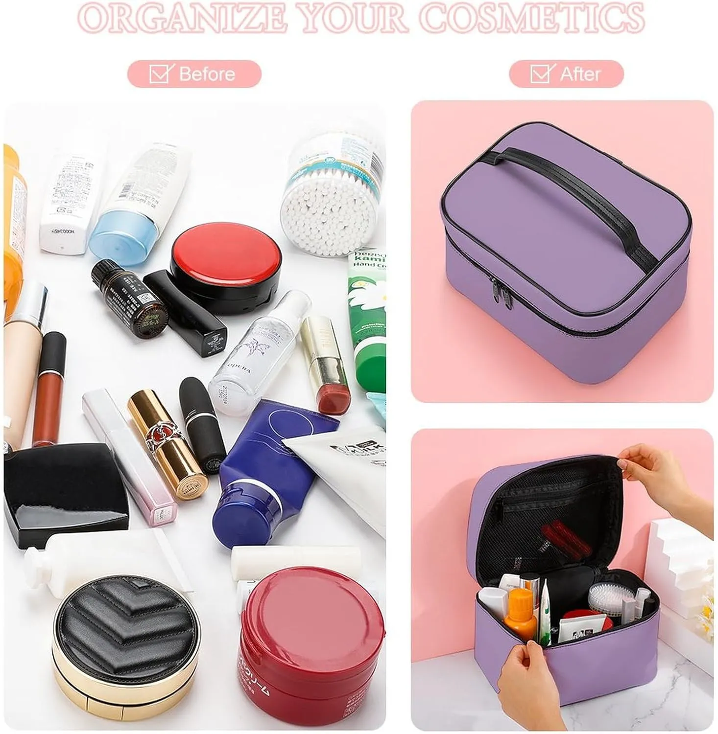 Leather Cosmetic Case, Light Purple Portable Makeup Bag Organizer Large Capacity Travel Toiletry Bag with Zipper