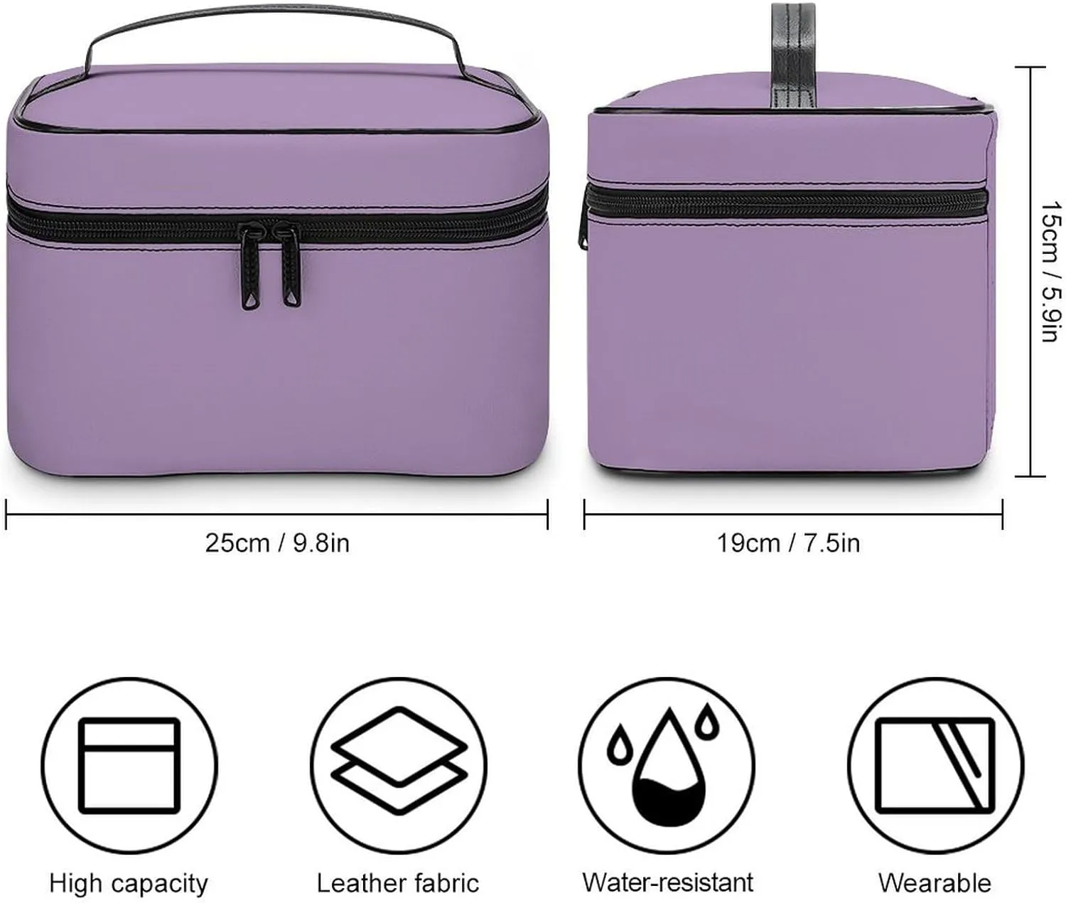 Leather Cosmetic Case, Light Purple Portable Makeup Bag Organizer Large Capacity Travel Toiletry Bag with Zipper
