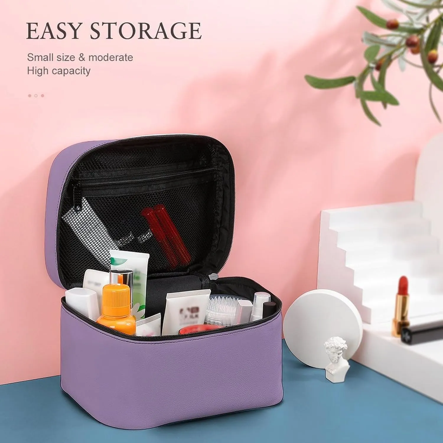 Leather Cosmetic Case, Light Purple Portable Makeup Bag Organizer Large Capacity Travel Toiletry Bag with Zipper