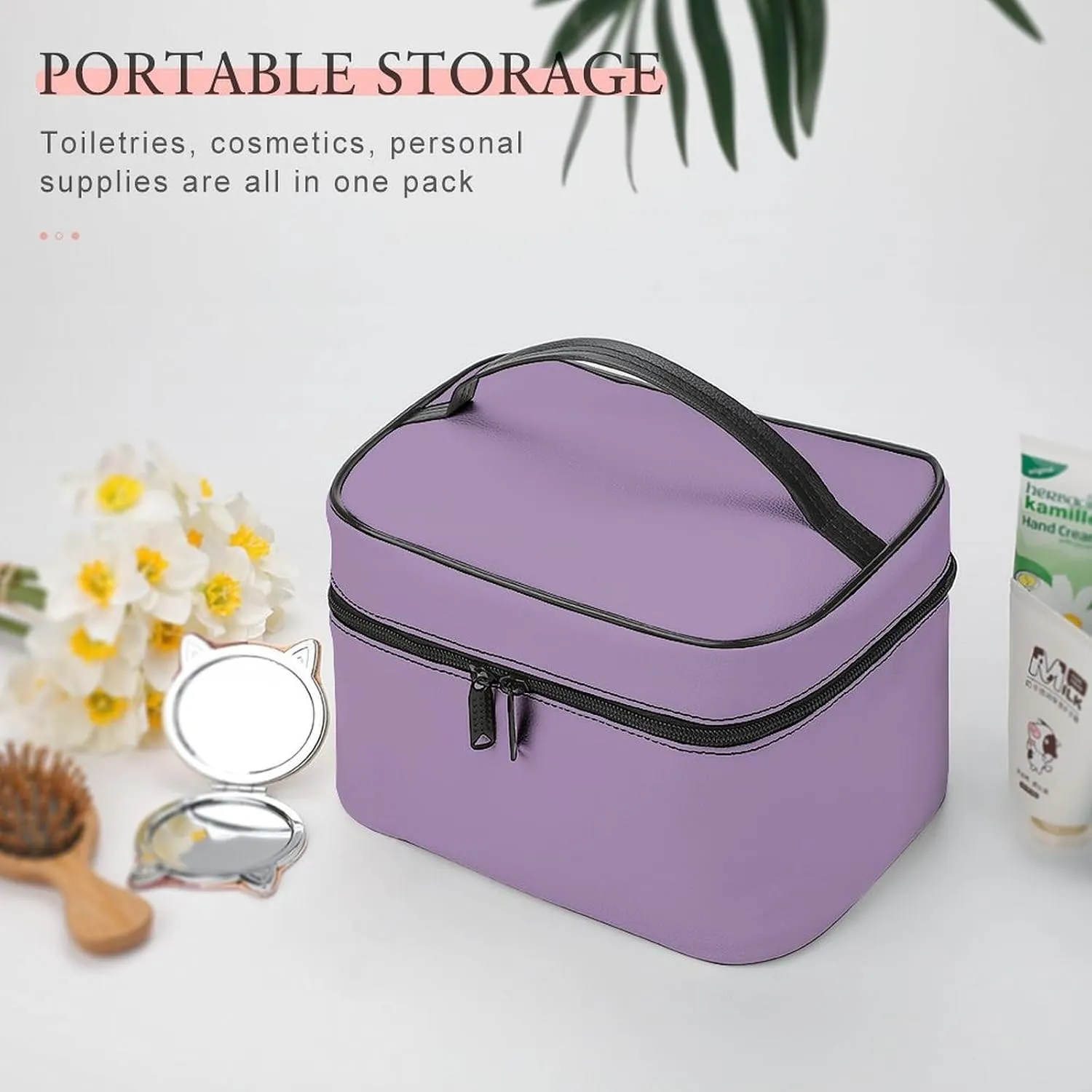 Leather Cosmetic Case, Light Purple Portable Makeup Bag Organizer Large Capacity Travel Toiletry Bag with Zipper