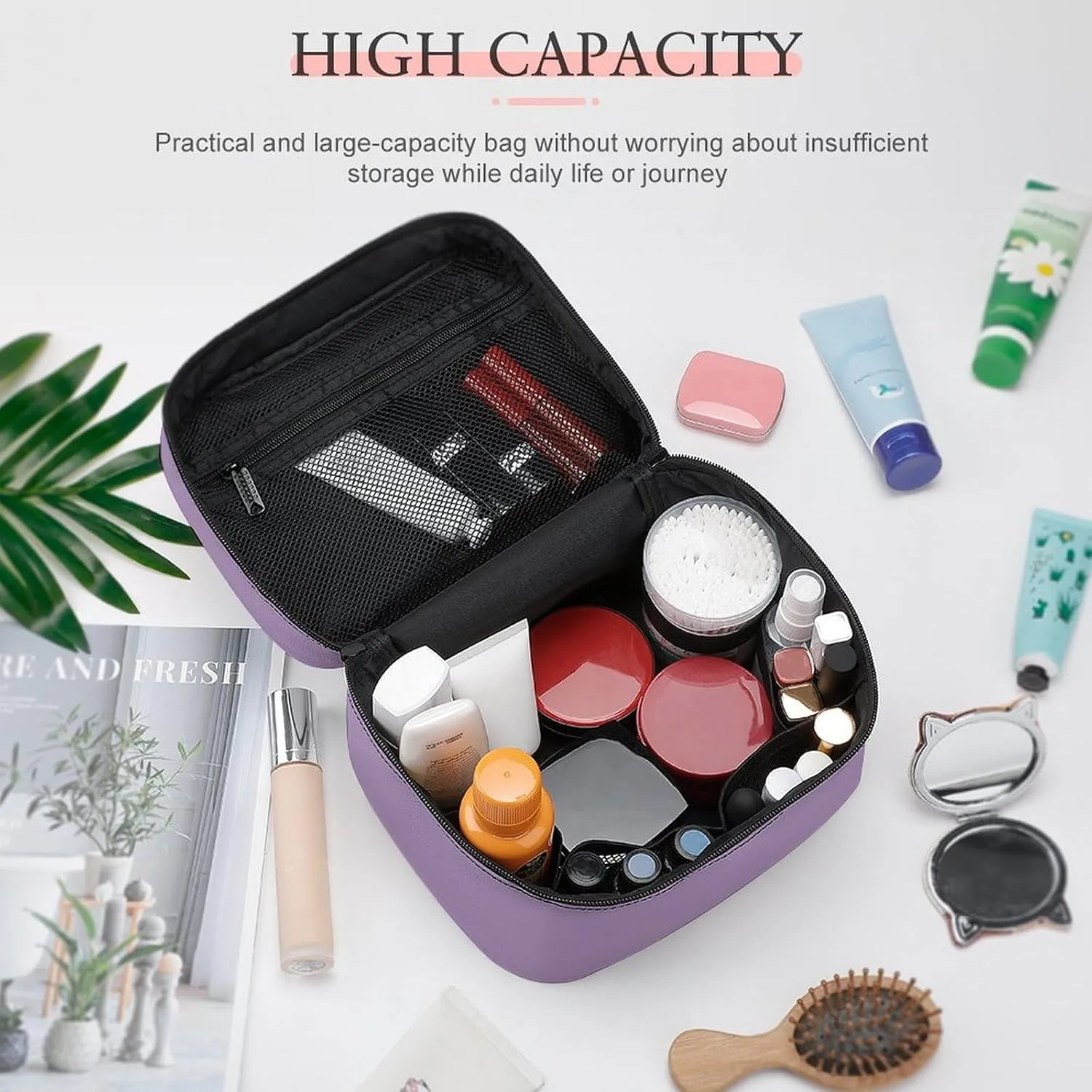 Leather Cosmetic Case, Light Purple Portable Makeup Bag Organizer Large Capacity Travel Toiletry Bag with Zipper