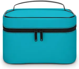 Leather Cosmetic Case, Teal Blue Portable Makeup Bag Organizer Large Capacity Travel Toiletry Bag with Zipper
