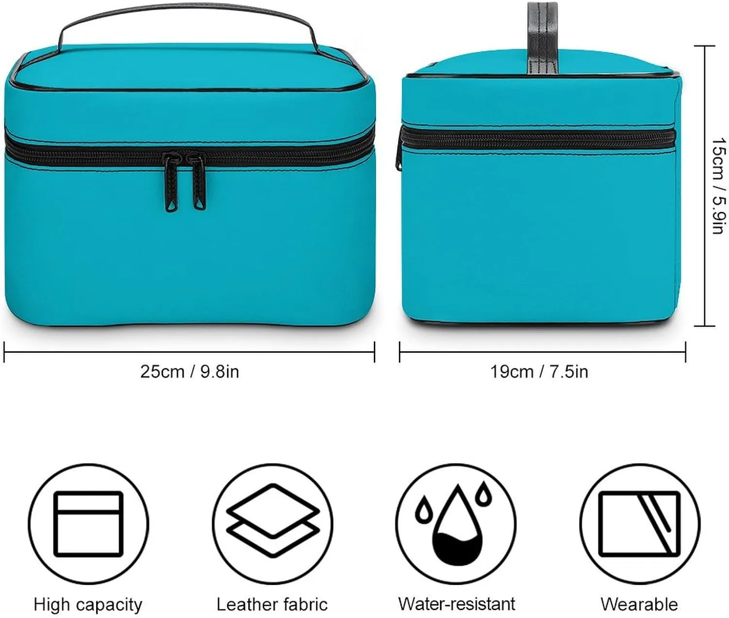 Leather Cosmetic Case, Teal Blue Portable Makeup Bag Organizer Large Capacity Travel Toiletry Bag with Zipper