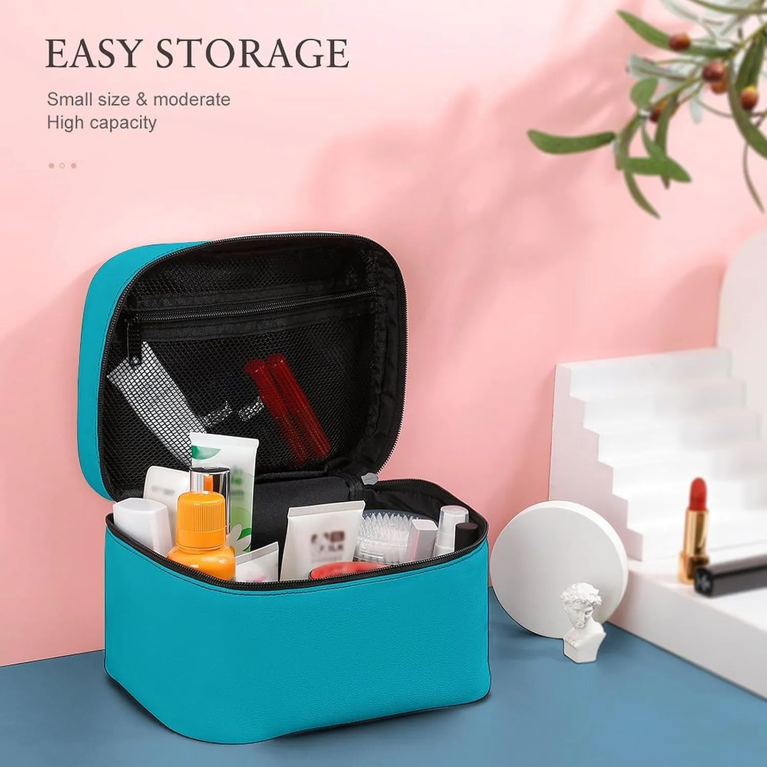 Leather Cosmetic Case, Teal Blue Portable Makeup Bag Organizer Large Capacity Travel Toiletry Bag with Zipper