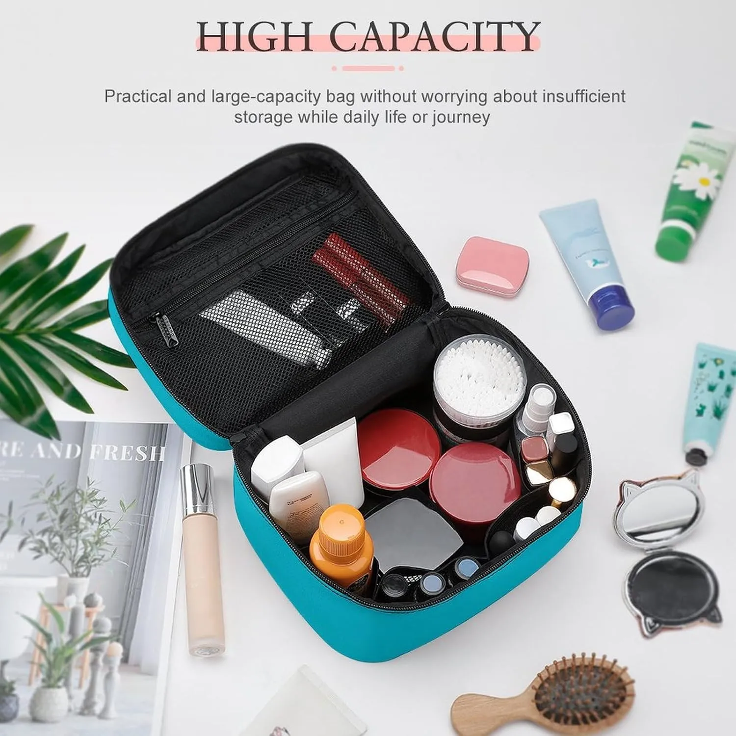 Leather Cosmetic Case, Teal Blue Portable Makeup Bag Organizer Large Capacity Travel Toiletry Bag with Zipper