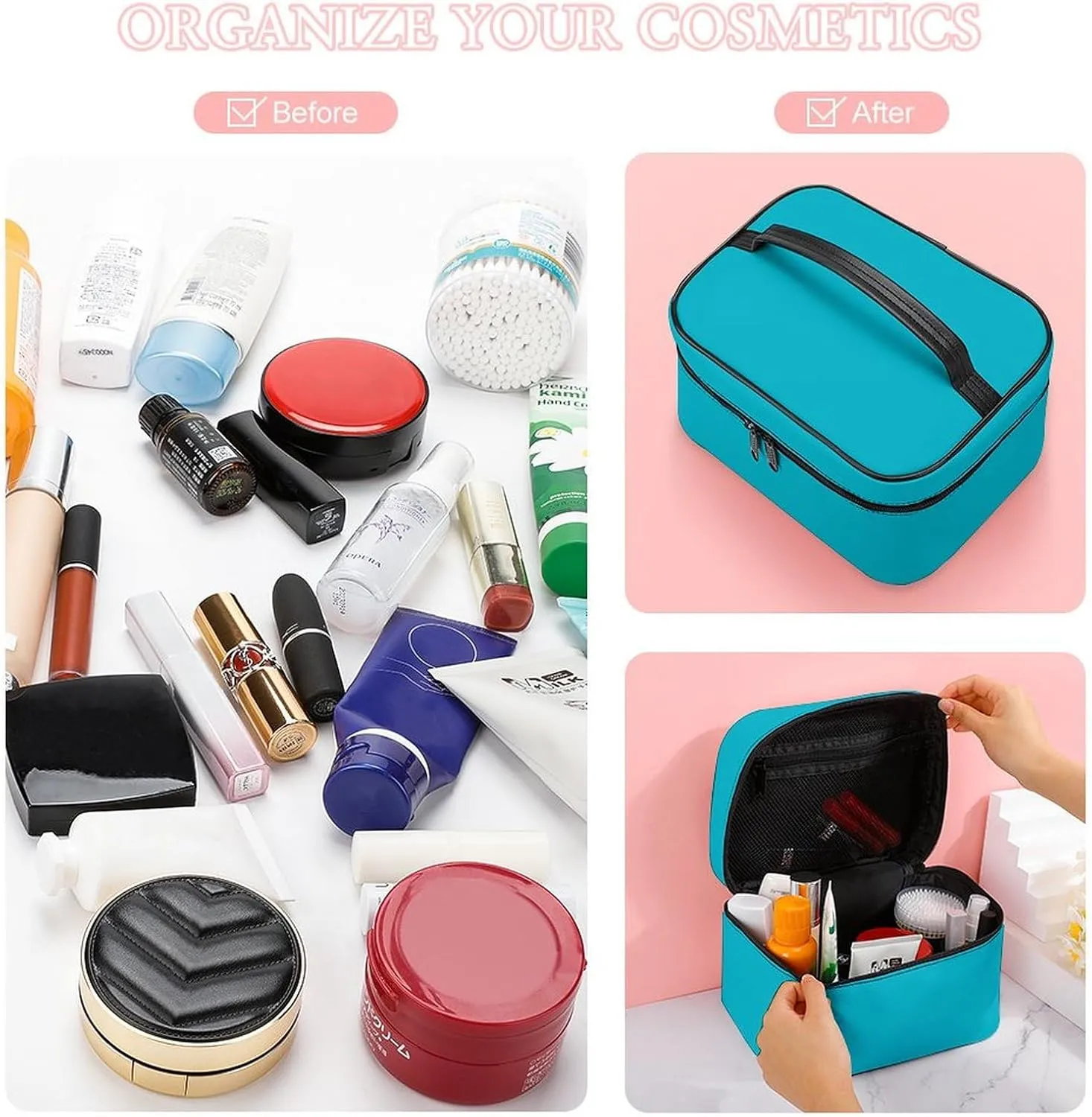 Leather Cosmetic Case, Teal Blue Portable Makeup Bag Organizer Large Capacity Travel Toiletry Bag with Zipper