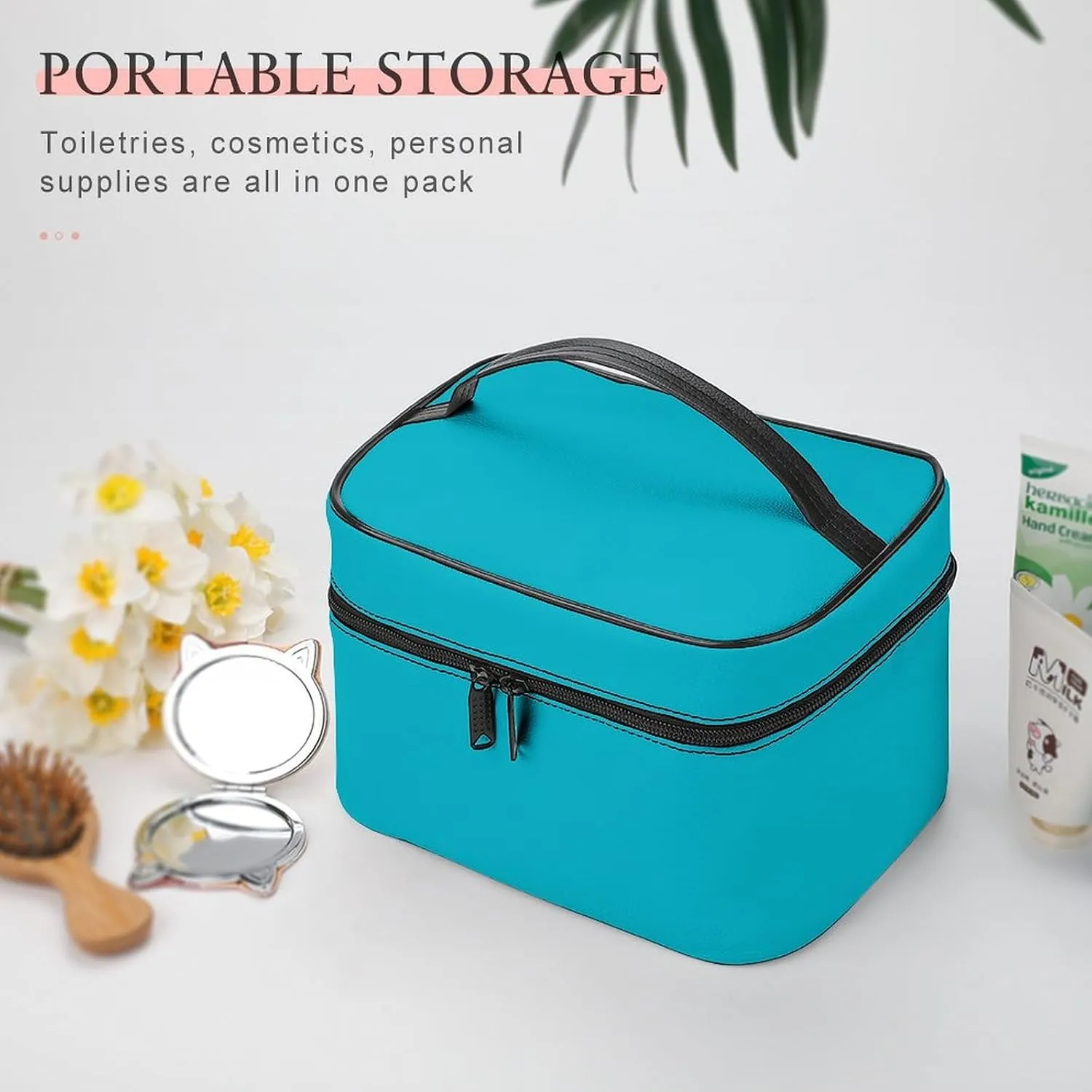 Leather Cosmetic Case, Teal Blue Portable Makeup Bag Organizer Large Capacity Travel Toiletry Bag with Zipper