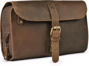LEATHER VILLAGE Hanging Leather Toiletry Bag for Men & Women, Handcrafted Vintage Cosmetic & Shaving Organizer Travel Dopp Kit Shower Bag - Brown
