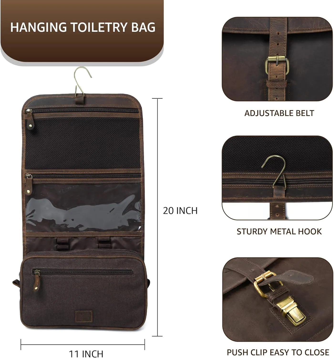 LEATHER VILLAGE Hanging Leather Toiletry Bag for Men & Women, Handcrafted Vintage Cosmetic & Shaving Organizer Travel Dopp Kit Shower Bag - Brown