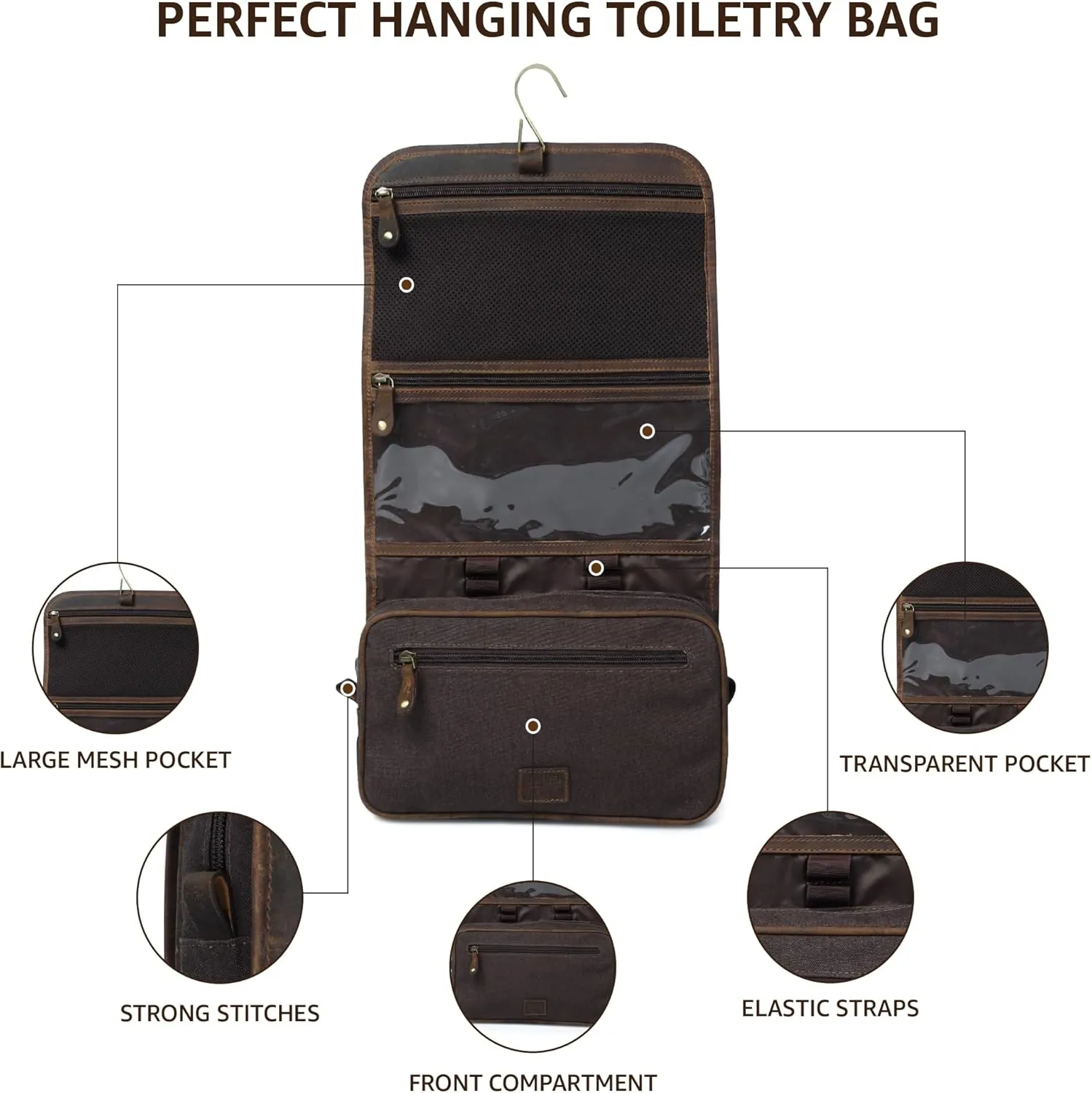 LEATHER VILLAGE Hanging Leather Toiletry Bag for Men & Women, Handcrafted Vintage Cosmetic & Shaving Organizer Travel Dopp Kit Shower Bag - Brown
