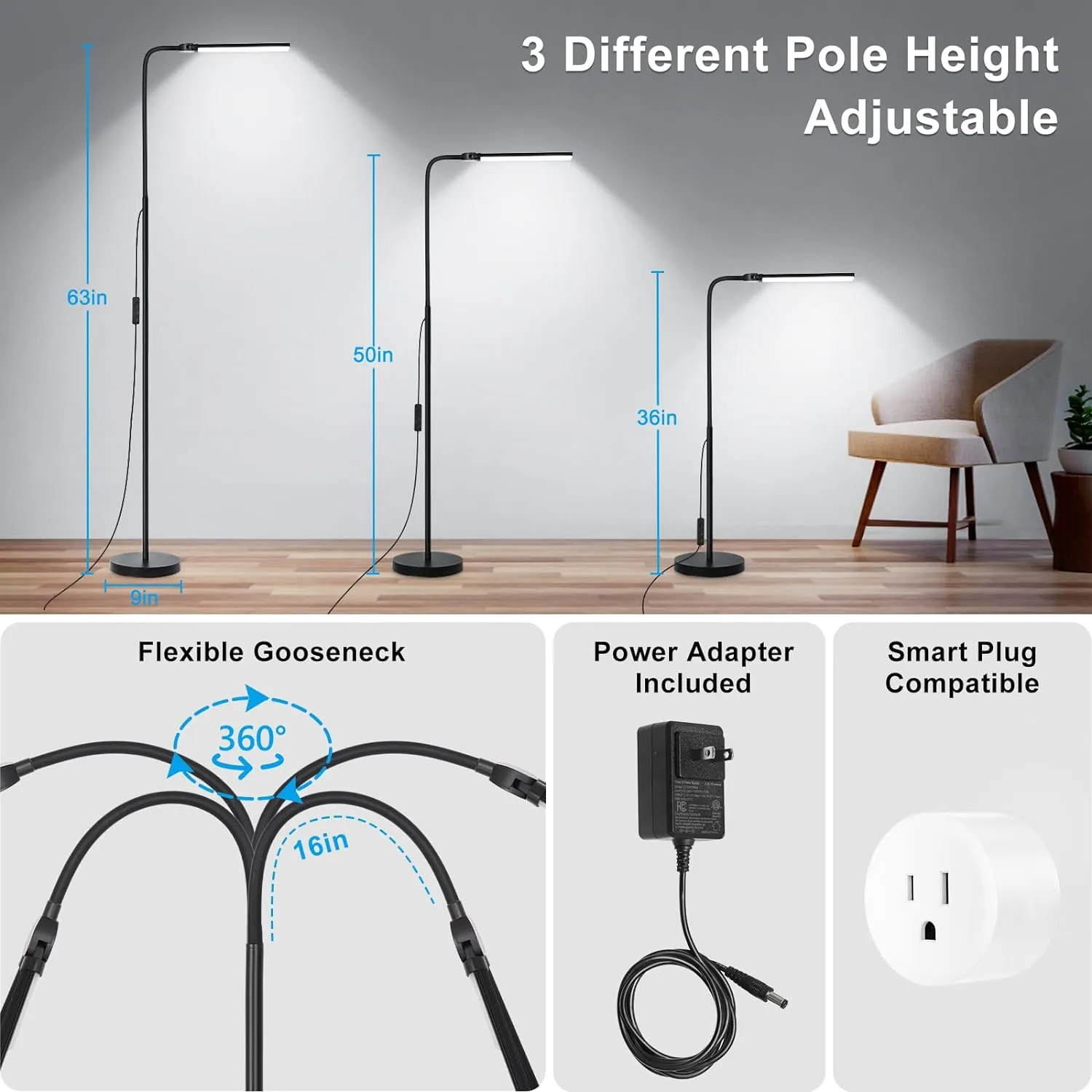 LED Floor Lamp, 15W/1800LM Bright Reading Floor Lamp for Office with Double Head, Adjustable Gooseneck Dimmable Modern Standing Light for Lash Extension Craft, Eye Caring Floor Lamps for Living Room