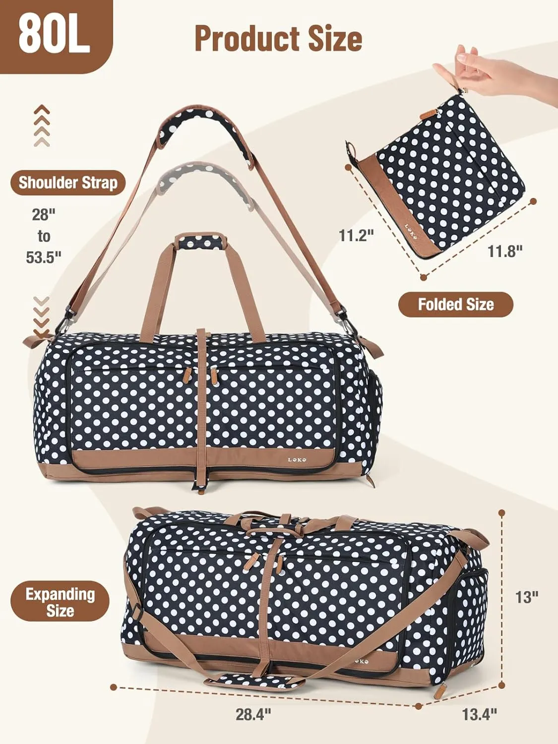 Lekesky Foldable Travel Duffel Bag for Women, 80L Large Duffle Bag with Separate Shoes Compartments & Straps, Carry On Weekend Bag for Women, Hospital, Overnight(Polka Dots)
