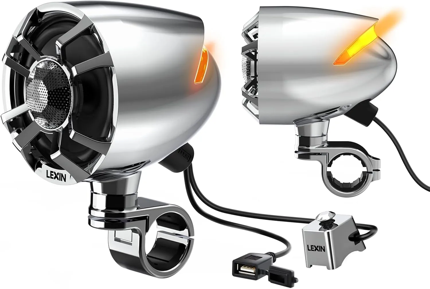 LEXIN S35 Motorcycle Speakers Bluetooth Waterproof, 200W Handlebar Stereo Audio Systems, 3.5" Full Range Speakers, FM Radio, LED Lights, Button Control, Compatible with ATVs/UTVs/12V Vehicles, Chrome