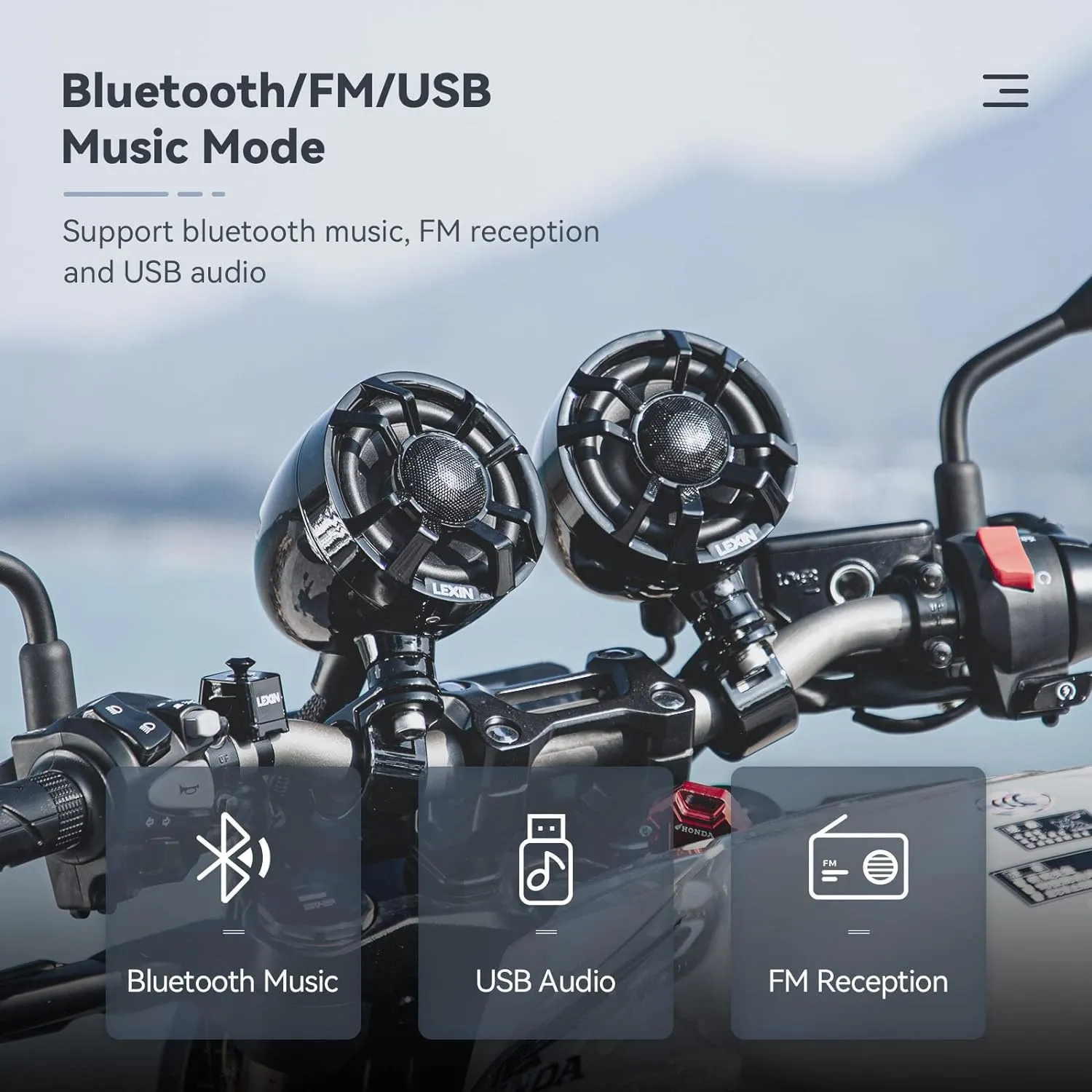 LEXIN S35 Motorcycle Speakers Bluetooth Waterproof, 200W Handlebar Stereo Audio Systems, 3.5" Full Range Speakers, FM Radio, LED Lights, Button Control, Compatible with ATVs/UTVs/12V Vehicles, Chrome