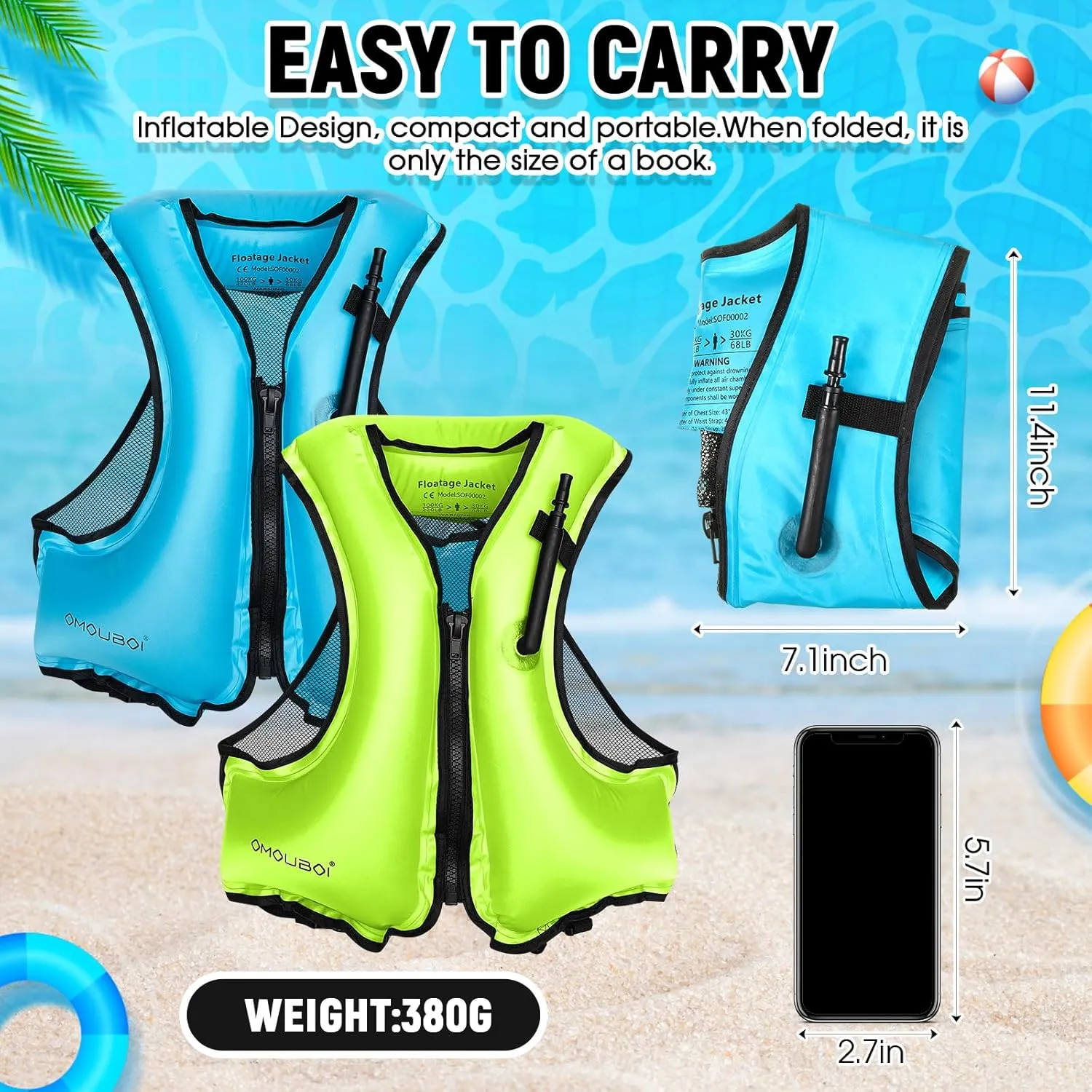 Leyndo 2 Pcs Inflatable Snorkel Vest for Adult, Portable Lightweight Inflatable Jacket for Women Men Snorkeling Kayaking Canoeing Swimming, Suitable for 90-220lbs