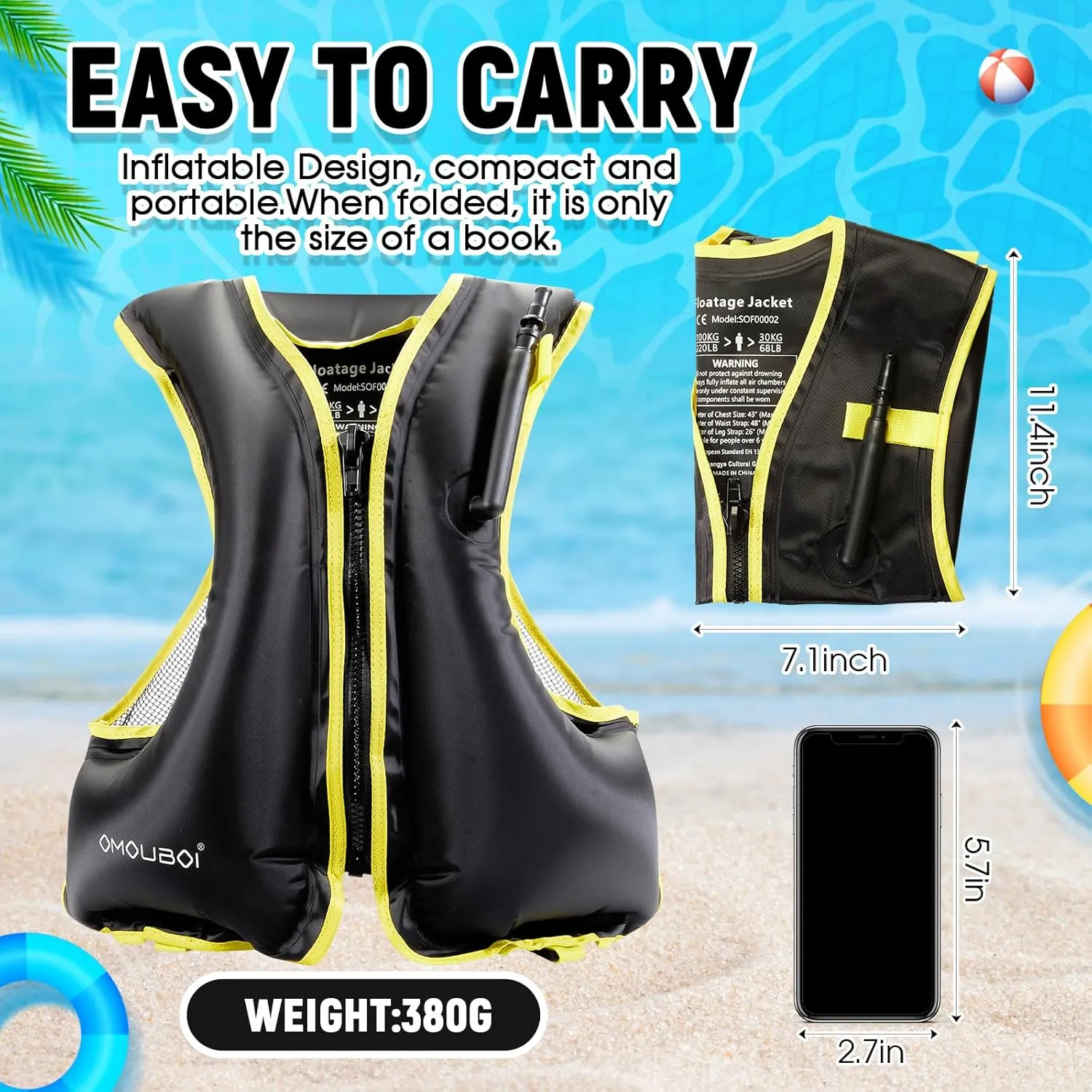 Leyndo 2 Pcs Inflatable Snorkel Vest for Adult, Portable Lightweight Inflatable Jacket for Women Men Snorkeling Kayaking Canoeing Swimming, Suitable for 90-220lbs