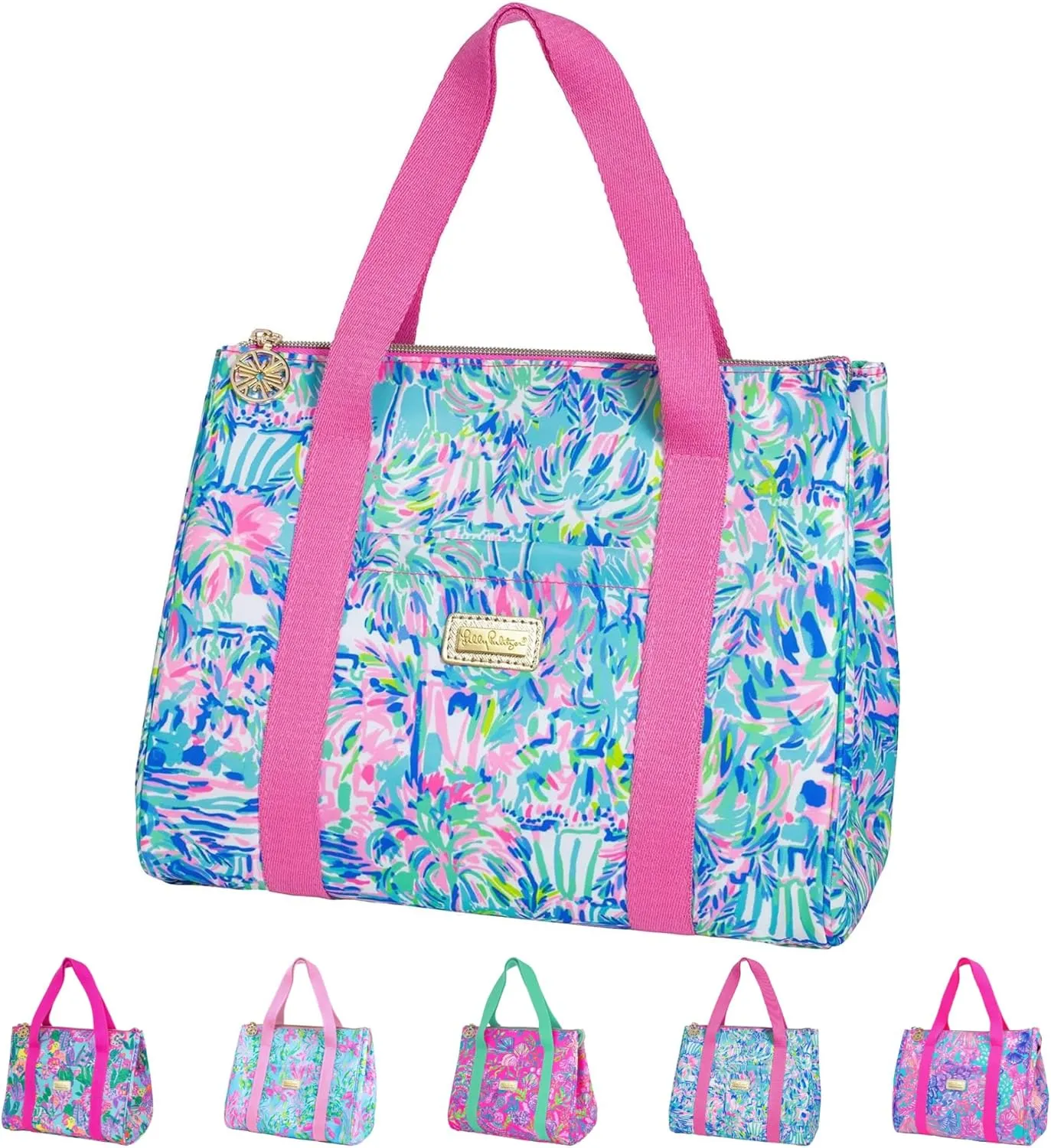 Lilly Pulitzer Cute Lunch Bag for Women, Large Capacity Insulated Tote Bag, Blue Mini Cooler with Storage Pocket and Shoulder Straps, Cabana Cocktail