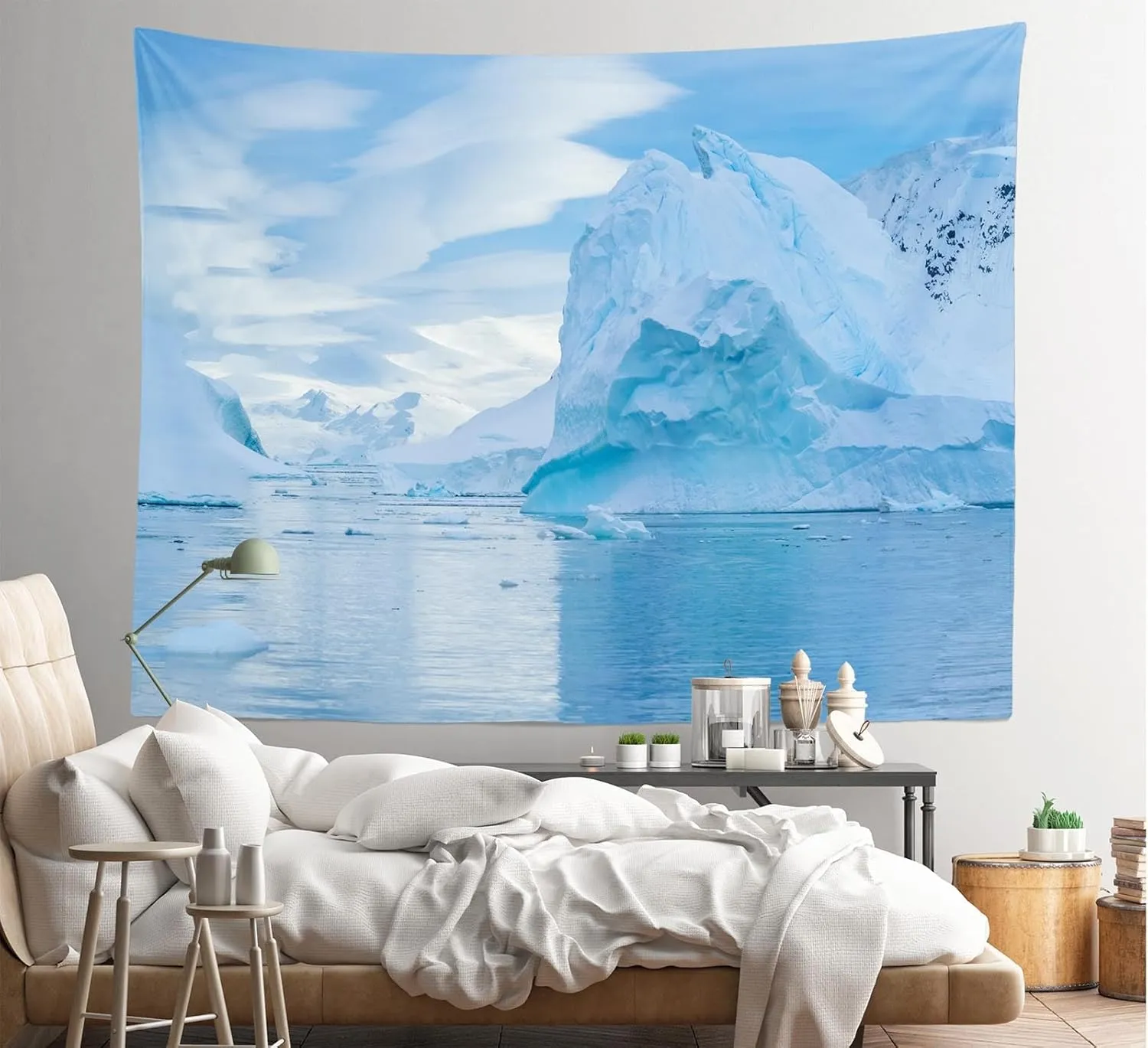 Loccor Winter Iceberg Landscape Tapestry White South Pole Snow Mountains Frozen Water Surface Blue Sky Tapestry Wall Hanging Polar Region Scenery Tapestry Home Bedroom Decor 179''x98''