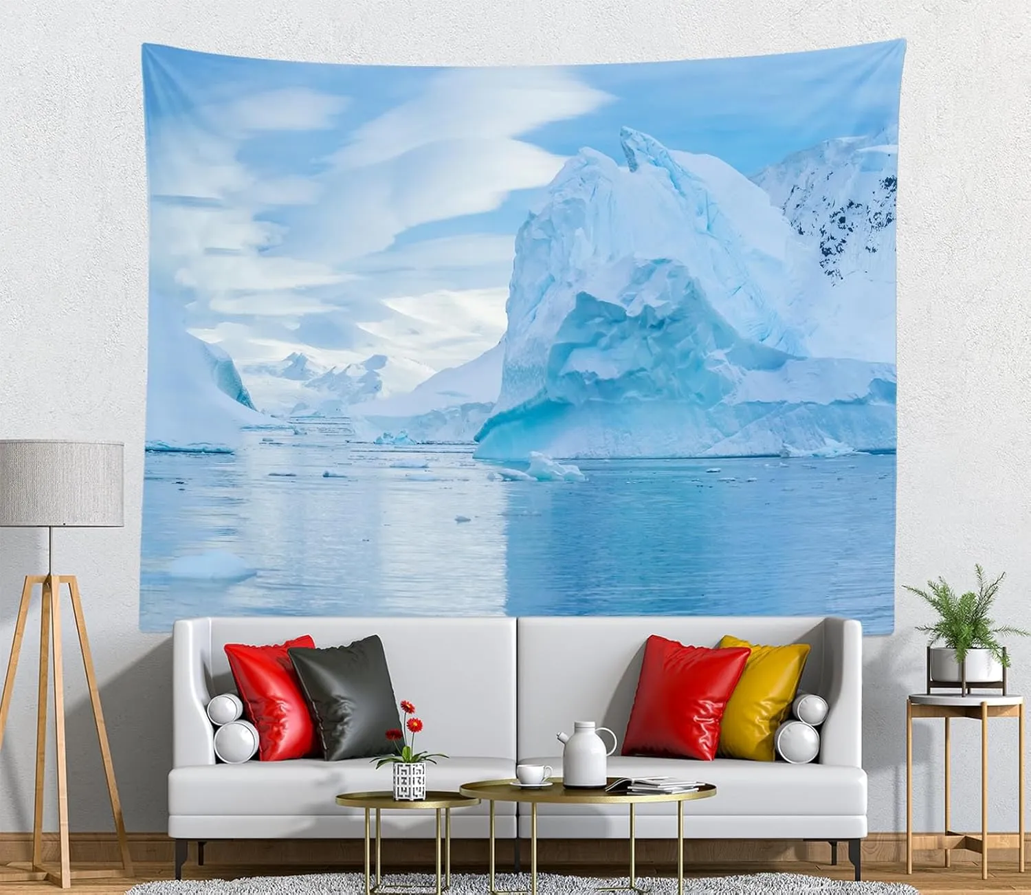 Loccor Winter Iceberg Landscape Tapestry White South Pole Snow Mountains Frozen Water Surface Blue Sky Tapestry Wall Hanging Polar Region Scenery Tapestry Home Bedroom Decor 179''x98''