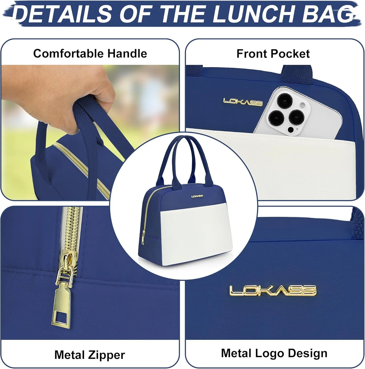LOKASS Lunch Bag for Women-Insulated Adults Lunch Box with Front Pocket- Small Cute Lunch Tote for Work-Reusable Cooler Bag for Office Picnic Beach or Travel（Dark Blue）