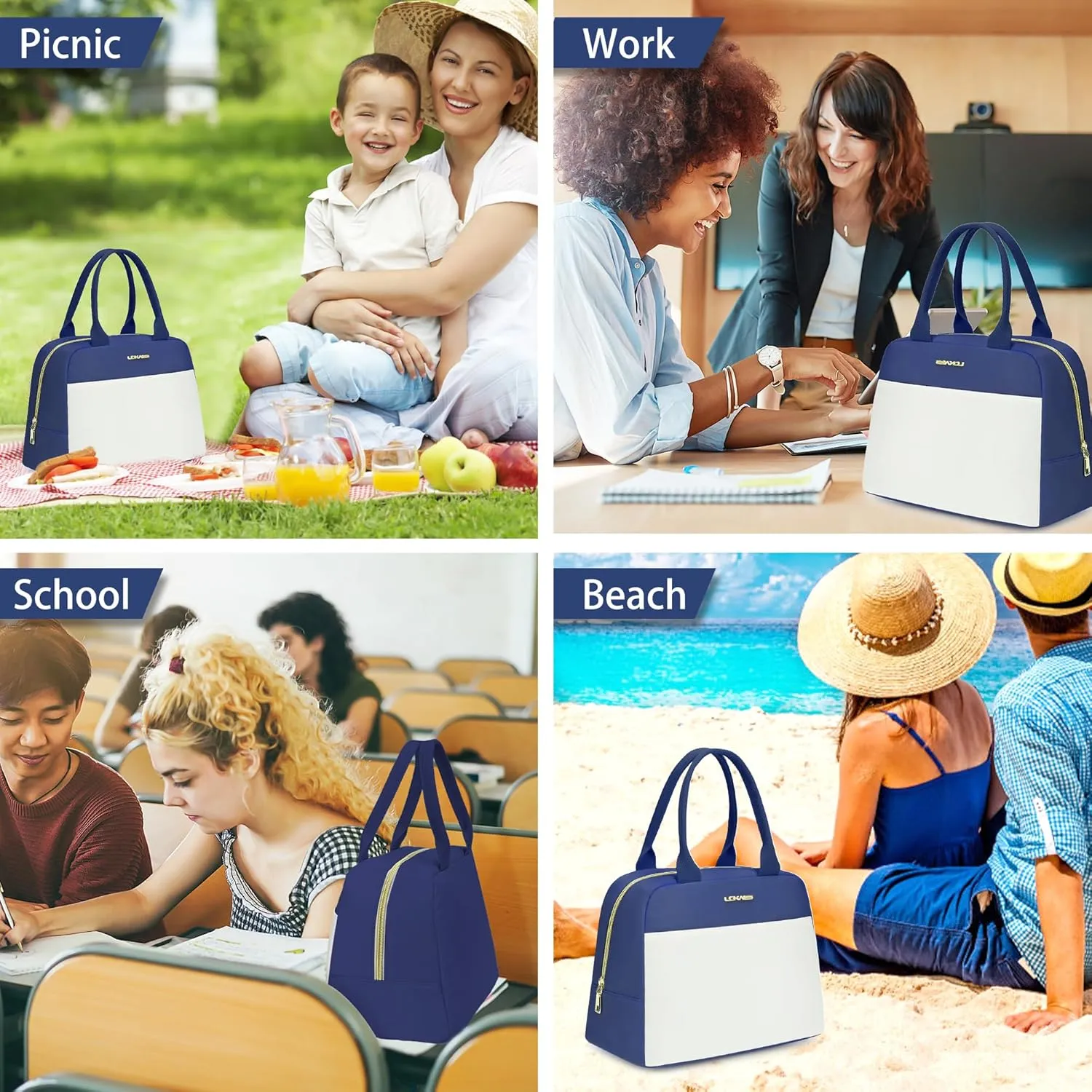 LOKASS Lunch Bag for Women-Insulated Adults Lunch Box with Front Pocket- Small Cute Lunch Tote for Work-Reusable Cooler Bag for Office Picnic Beach or Travel（Dark Blue）