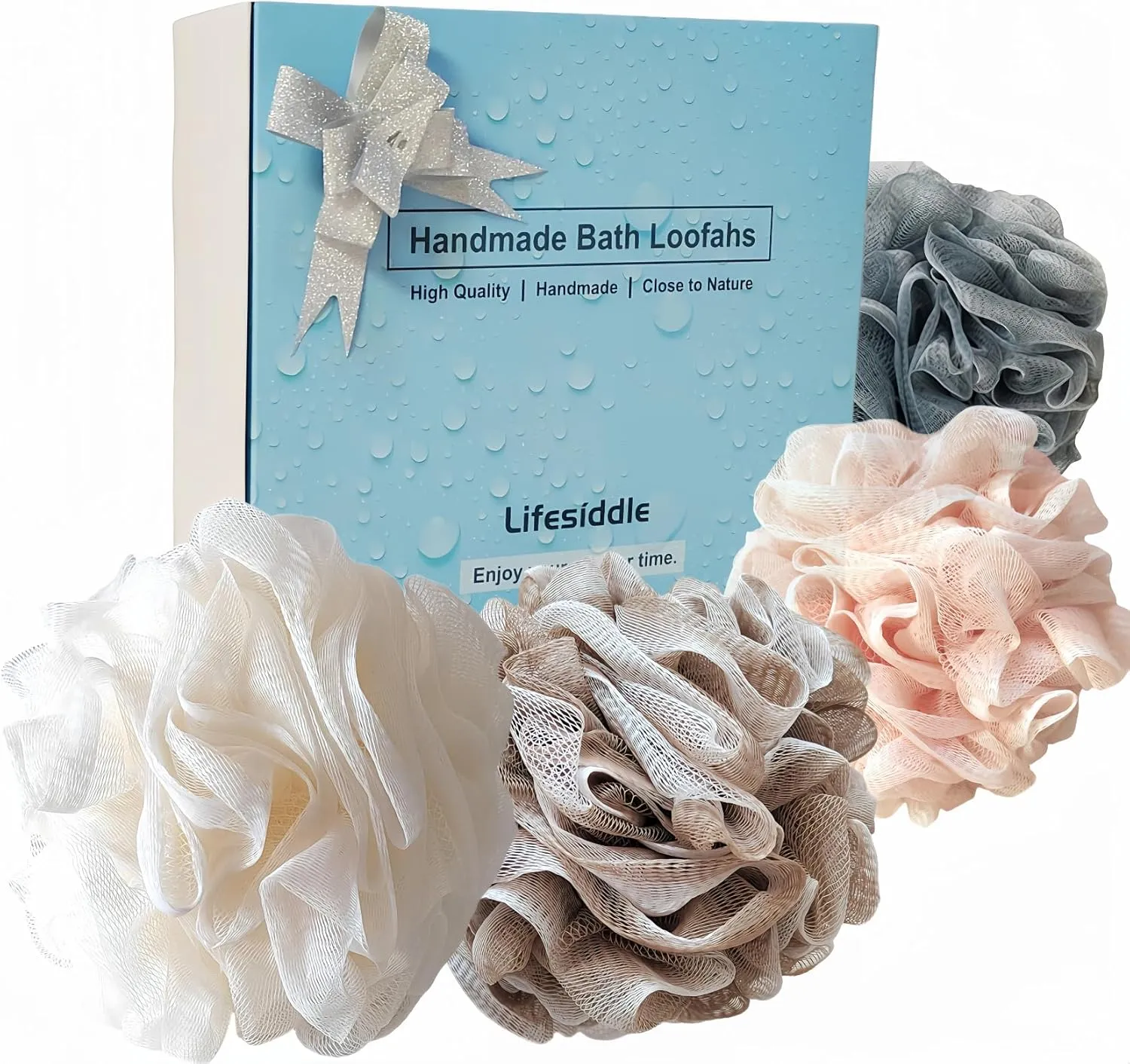 Loofah-Bath Sponge Set-Large, 4 Pack Bath Scrubbers, Soft Mesh Family Use Puff-Cleansing Body Scrub for Men and Women: Skin Soothing Exfoliation Tools (Dark Blue-White-Pink-Light Brown-60g)