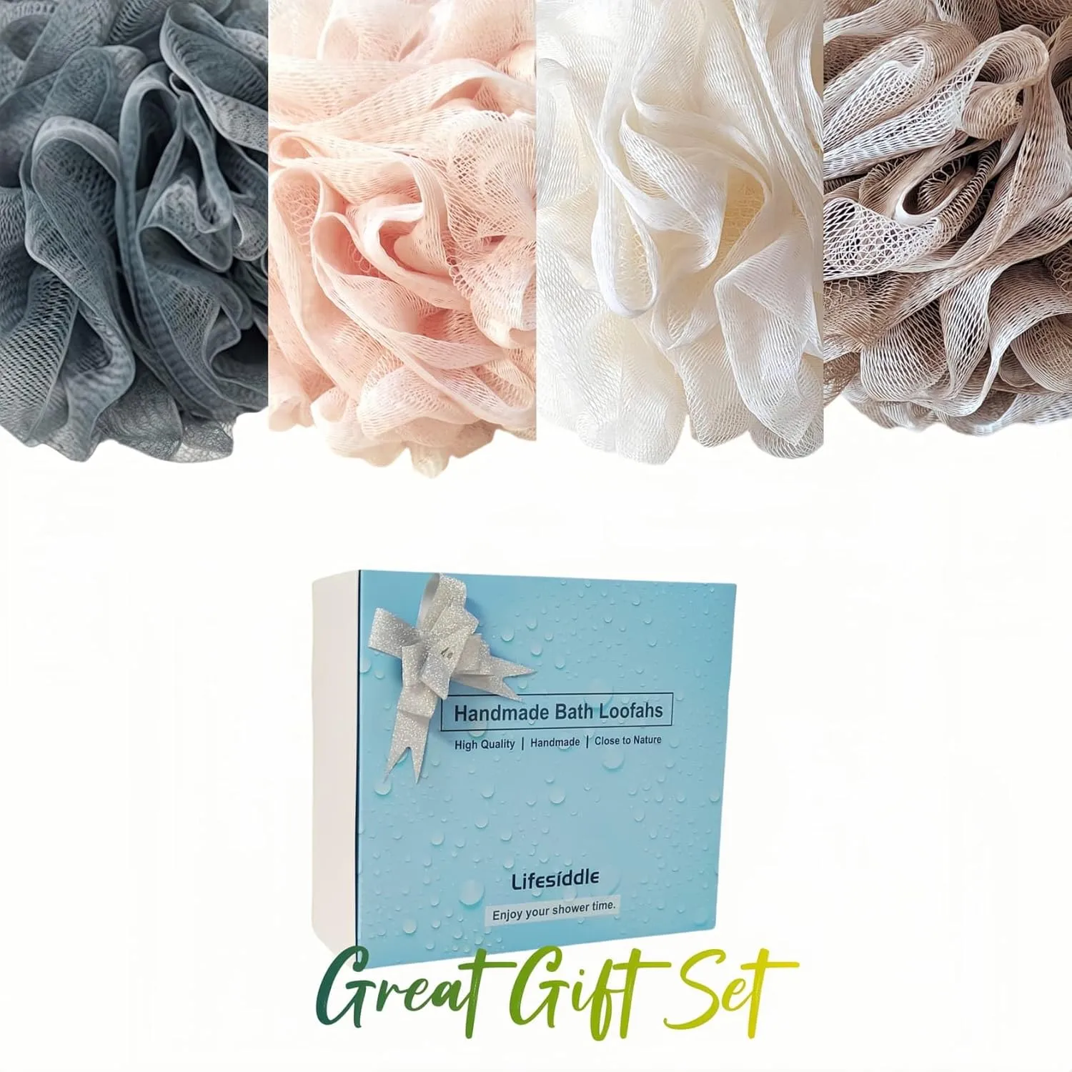 Loofah-Bath Sponge Set-Large, 4 Pack Bath Scrubbers, Soft Mesh Family Use Puff-Cleansing Body Scrub for Men and Women: Skin Soothing Exfoliation Tools (Dark Blue-White-Pink-Light Brown-60g)