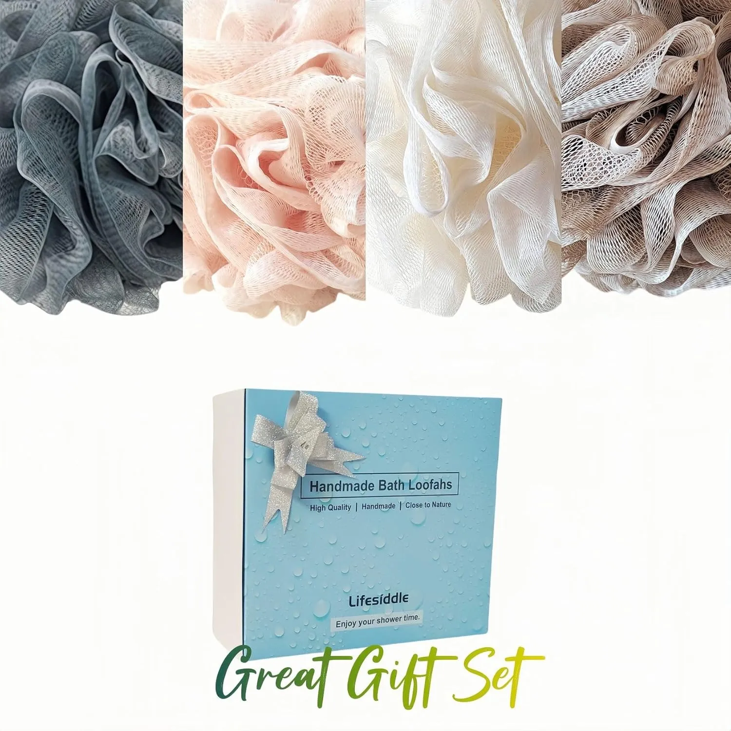 Loofah-Bath Sponge Set-Large, 4 Pack Bath Scrubbers, Soft Mesh Family Use Puff-Cleansing Body Scrub for Men and Women: Skin Soothing Exfoliation Tools (Dark Blue-White-Pink-Light Brown-60g)